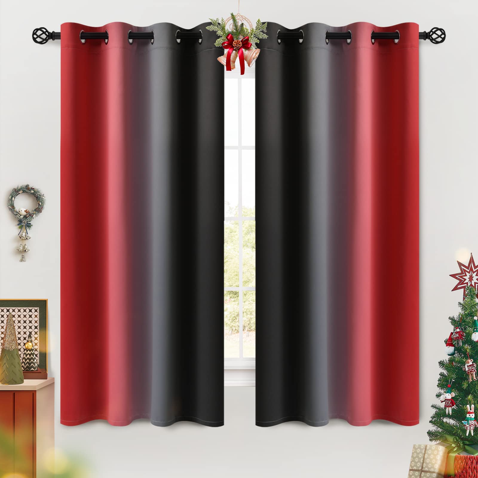 Cosviya Grommet Ombre Room Darkening Curtains 63 Inches Length For Kids Bedroom,Polyester Light Blocking Red And Black Gradient