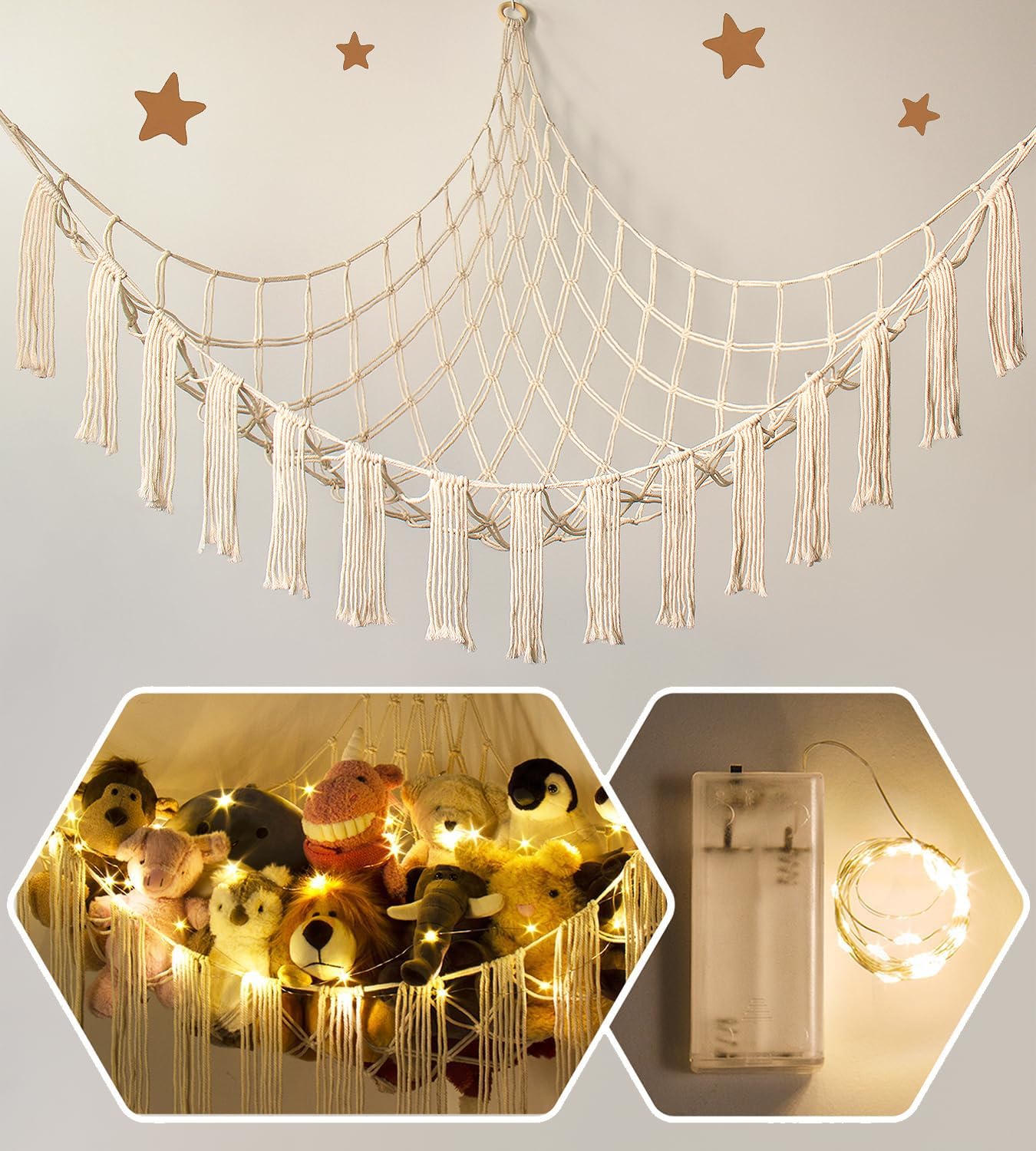 Stuffed Animal Storage Hammock Corner X-Large With Led Light - Baby Hammock Hanging Holder Plushies Net For Stuff Animals Organi