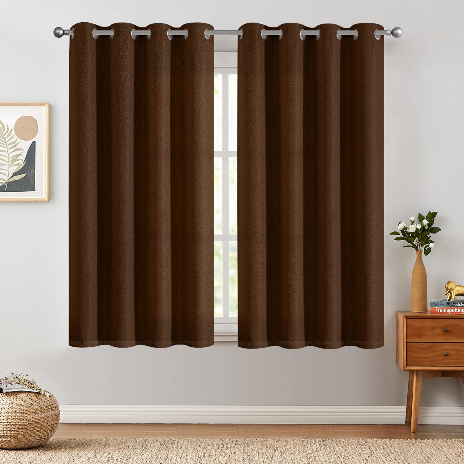 Jinchan Linen Textured Curtain 63 Inch Length For Living Room Room Darkening Thermal Insulated Grommet Top Window Drape For Bedroom 52X63 Brown 1 Panel