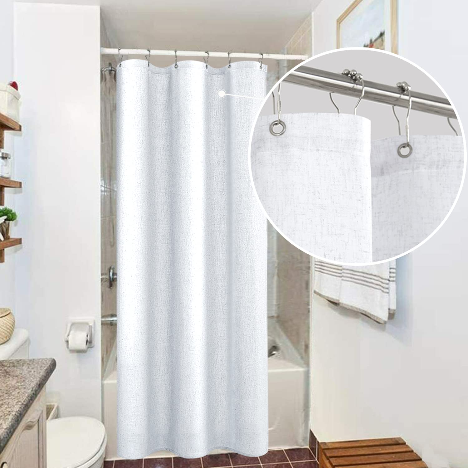 Koufall Textured Cloth Farmhouse Shower Curtain For Bathroom Small Stall 36X72 Inch Linen Fabric Half Narrow Waterproof Rv Shower Curtains For Bathtub Ensuite Plain White