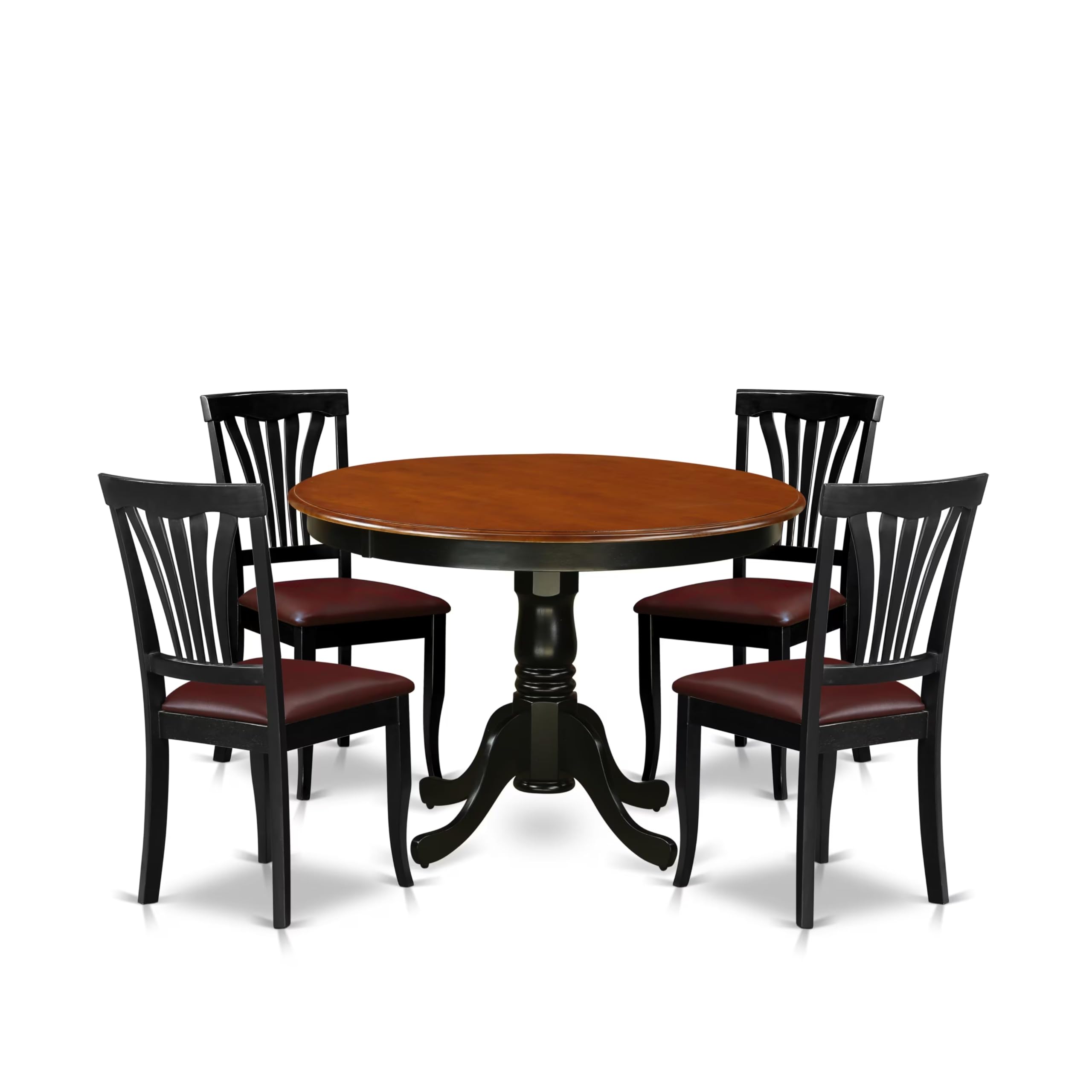 East West Furniture HLAV5-BCH-LC 5 Piece Modern Dining Table Set Includes a Round Wooden Table with Pedestal and 4 Faux Leather Dining Room Chairs, 42x42 Inch, Black & Cherry