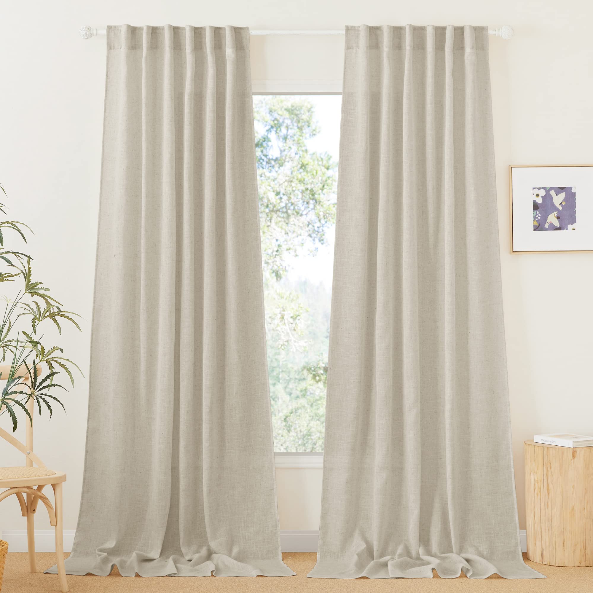RYB HOME Semi Sheer Curtains - Linen Textured Curtains Light Filtering Privacy Panels for Patio Sliding Glass Door Office Large 