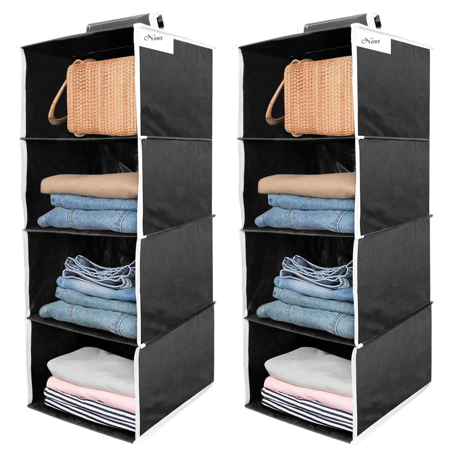 Nuwi Hanging Organizer Engineered Wood 4 Shelves Non Woven Foldable|Collapsible Wardrobe Organiser For Regular Garments Cupboard