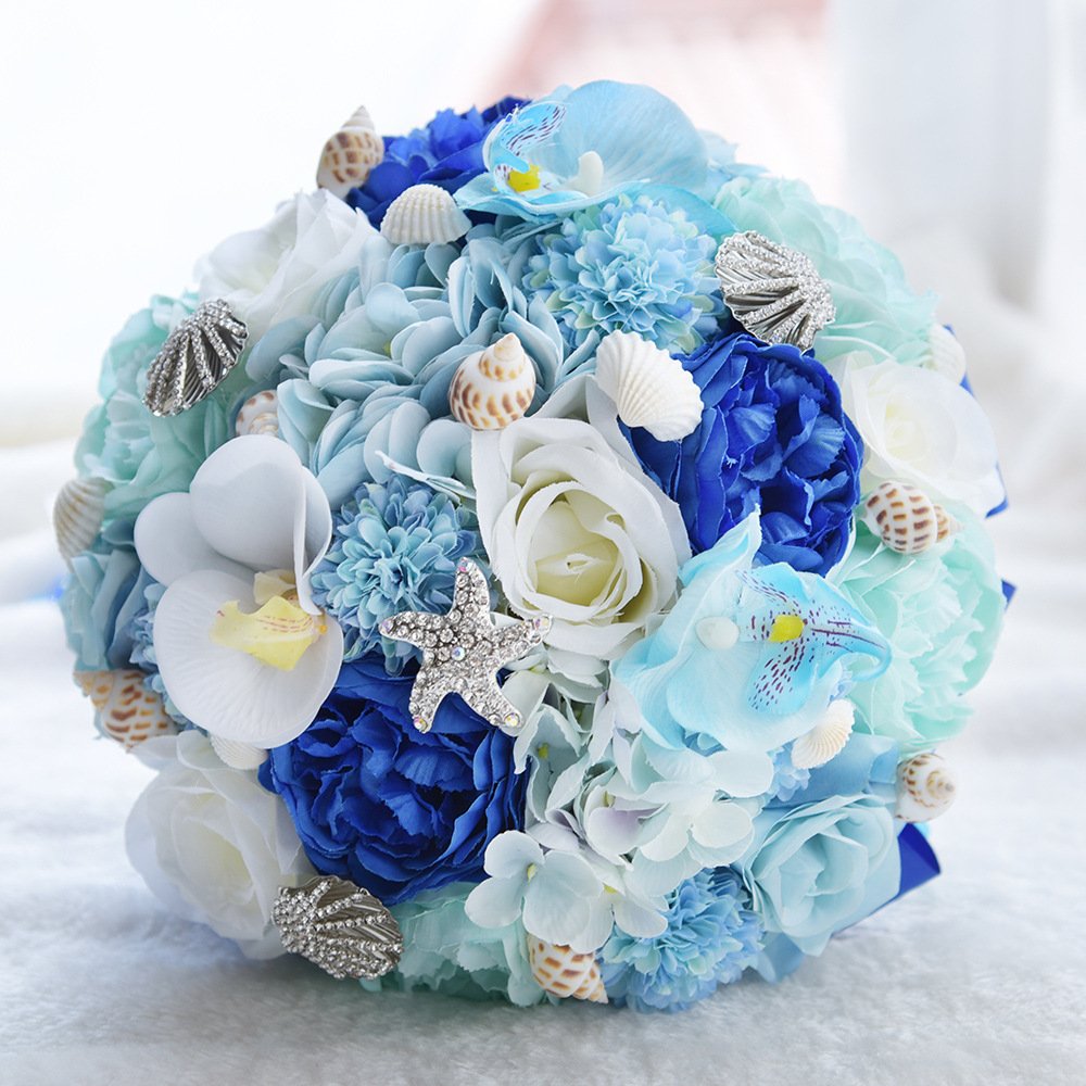 Abbie Home Blue Beach Wedding Bridal Bouquet Holding Tossing Flower With Pearl Seashell And Rhinestone Decoration For Beach Wedd