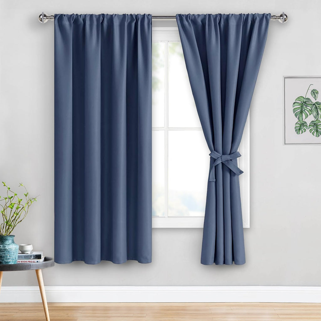 Jiuzhen Blackout Curtains For Bedroom– Thermal Insulated,Noise Reducing Room Darkening Rod Pocket Curtains For Living Room, Set Of 2 Panels With Tiebacks, 42 X 63 Inch Long, Dusty Blue