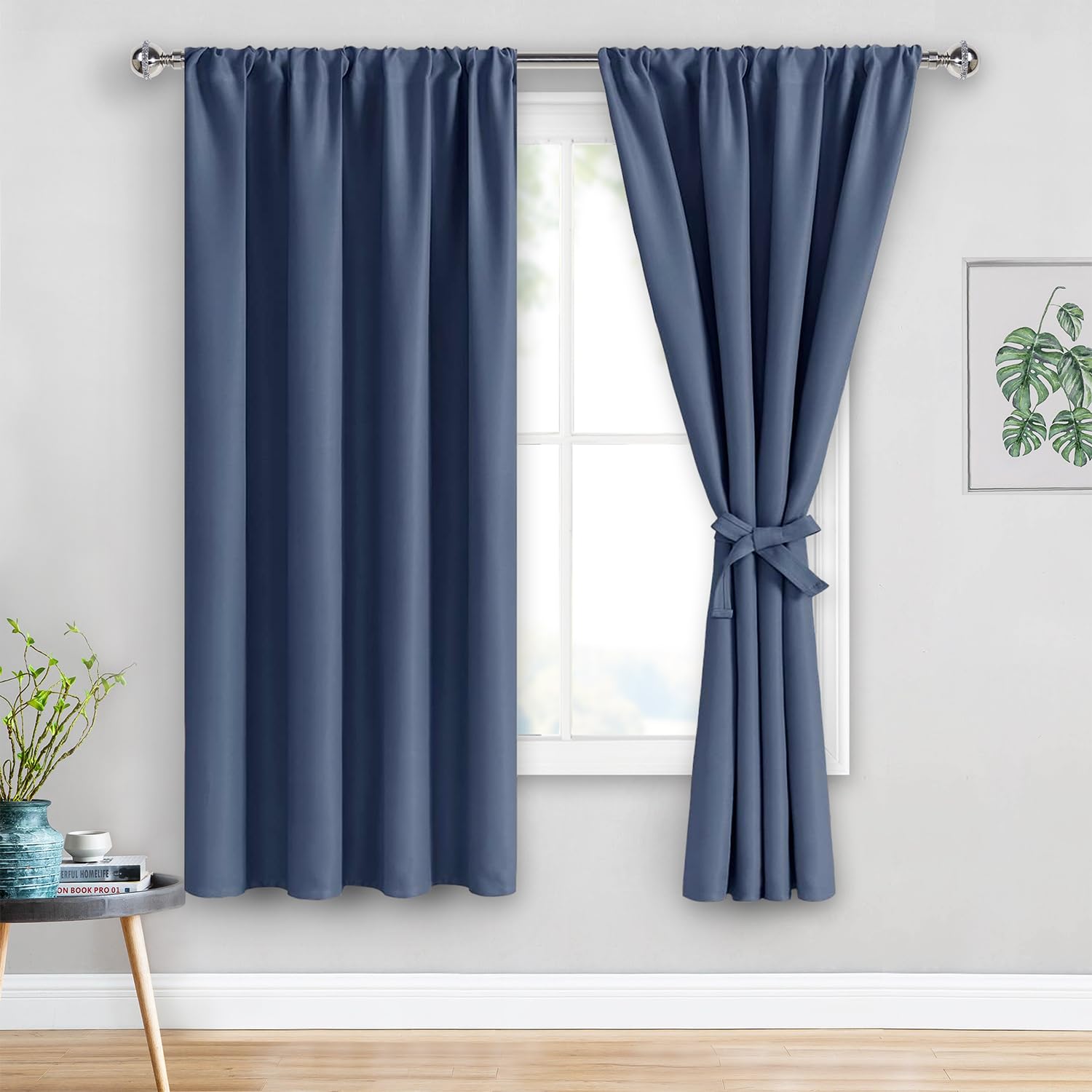 Jiuzhen Blackout Curtains For Bedroom– Thermal Insulated,Noise Reducing Room Darkening Rod Pocket Curtains For Living Room, Set Of 2 Panels With Tiebacks, 42 X 63 Inch Long, Dusty Blue