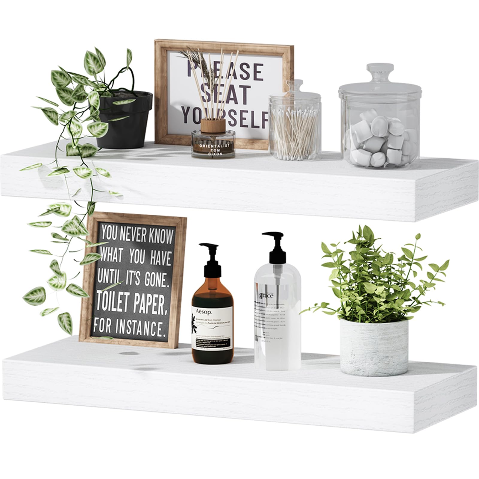 Qeeig Floating Shelves For Wall Bathroom Shelf Bedroom Kitchen Farmhouse Small Book Shelf 16 Inch Set Of 2, White (015-W2)