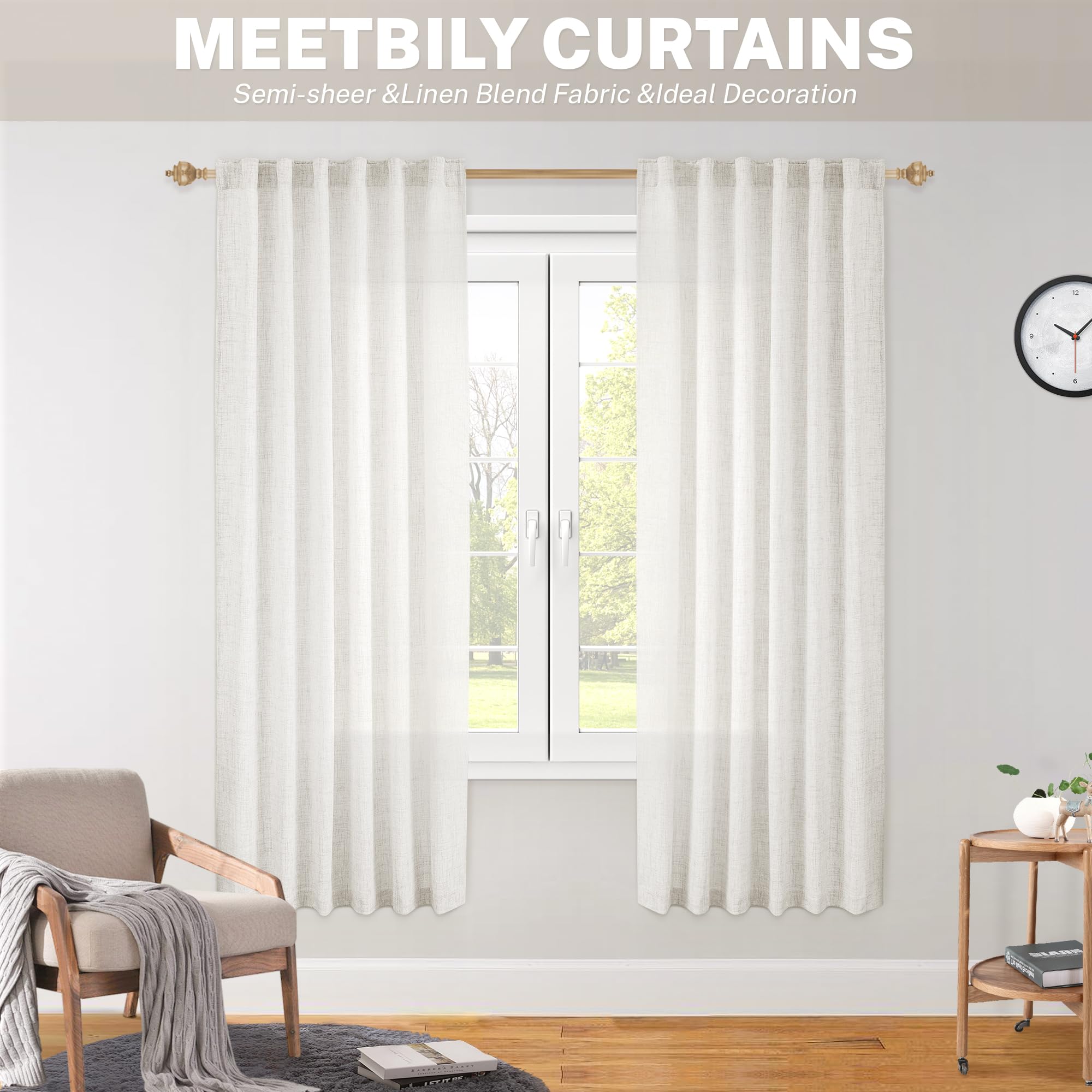 Meetbily Ivory Linen Sheer Curtains 63 Inch Length For Living Room 2 Panel Set Farmhouse Rod Pocket Window Drapes Light Filterin