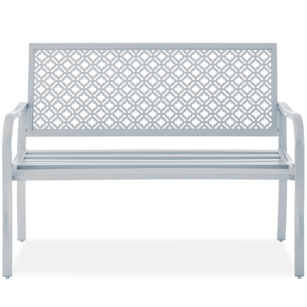 Best Choice Products Outdoor Bench 2-Person Metal Steel Benches Furniture For Garden, Patio, Porch, Entryway W/Geometric Backrest, 790Lb Capacity - Light Gray