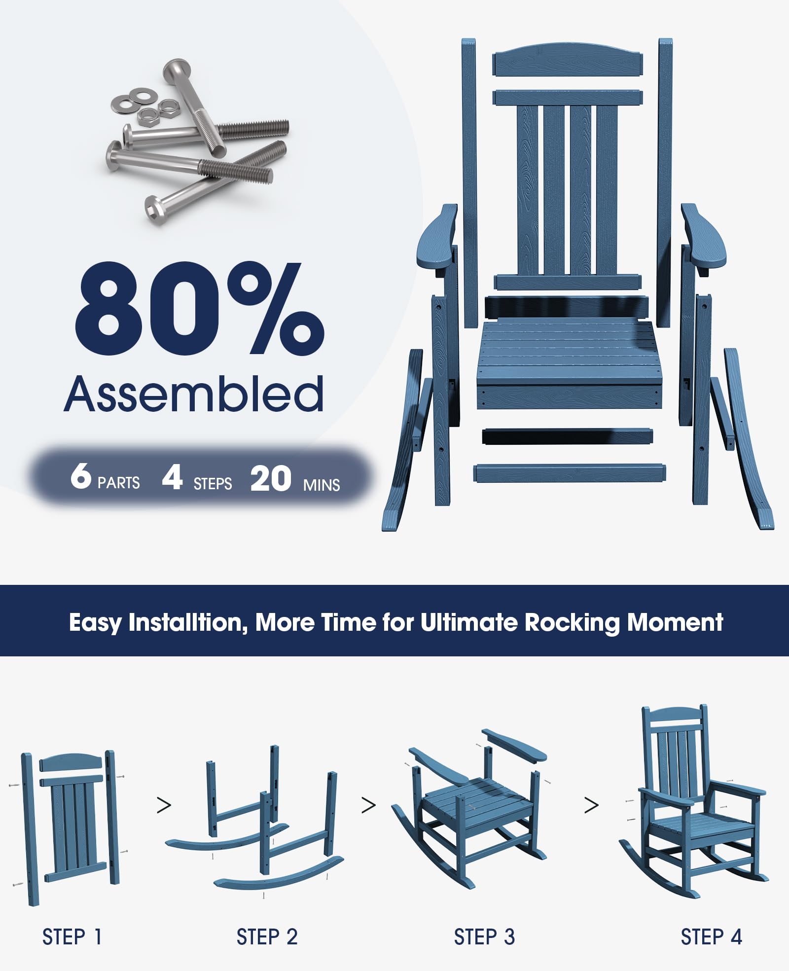 Kingyes Hdpe Rocking Chairs Outdoor, Patio Rocking Chairs With 330Lbs Support, Smooth Porch Rocker For Deck Lawn Yard, Blue