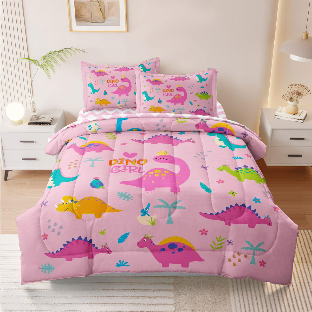 Sirdo Girls Dinosaur Bedding Full Green Pink Dinosaur Comforter Set, Cute Cartoon Down Comforter For Little Girls Teens Kids Adu