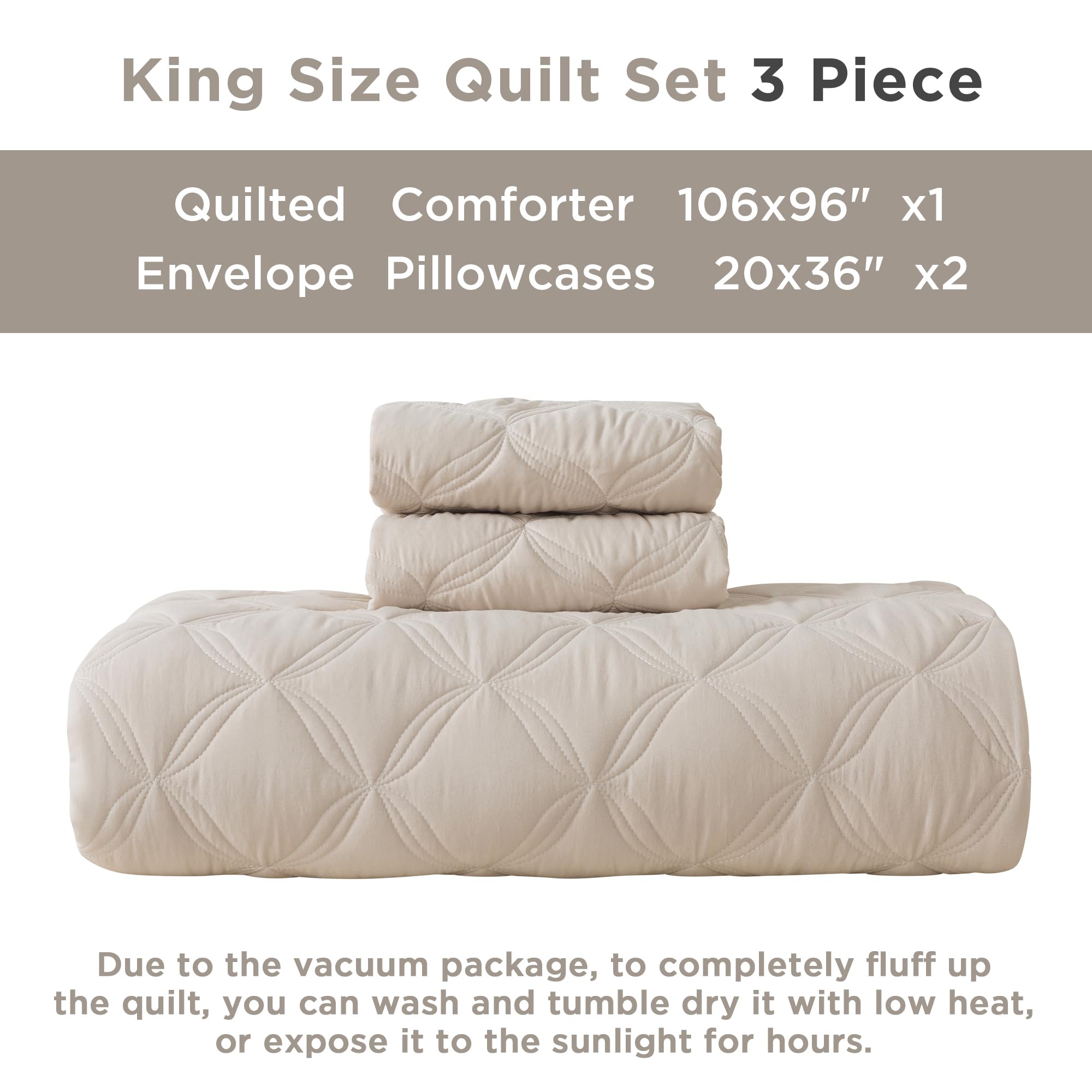 Litanika Beige King Size Quilt Bedding Set - Summer Lightweight Comforter Bedspreads & Coverlets - Boho Farmhouse Bedding Cover