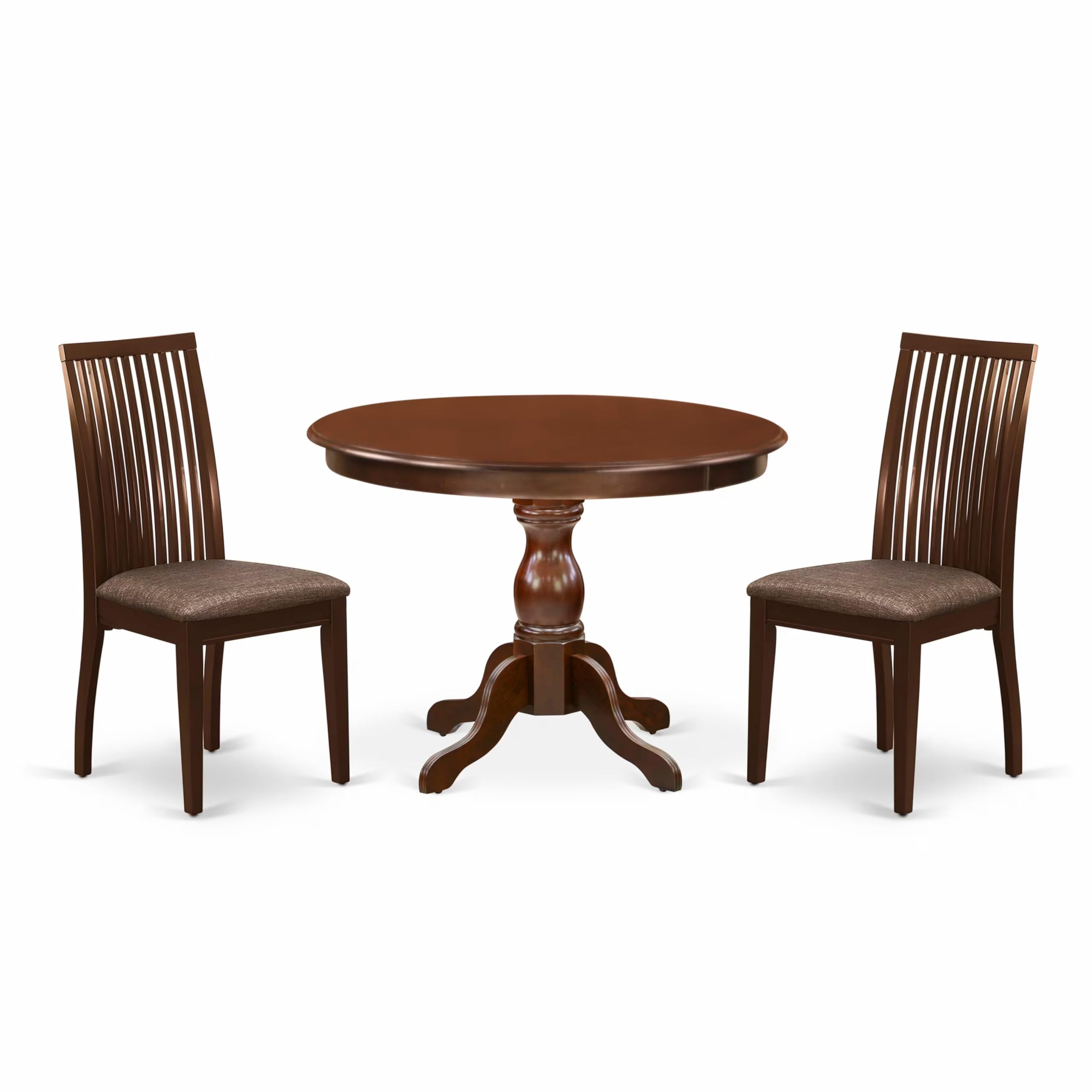 East West Furniture HBIP3-MAH-C 3 Piece Dining Room Furniture Set Contains a Round Kitchen Table with Pedestal and 2 Linen Fabric Upholstered Dining Chairs, 42x42 Inch, Mahogany
