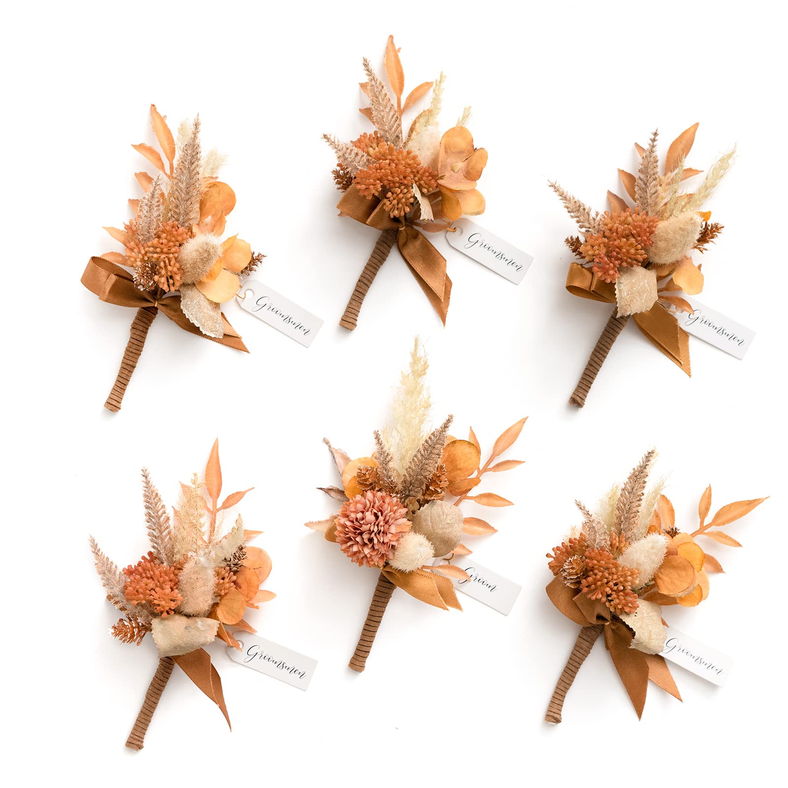 Lings Moment Rust Boho Boutonniere for Men (Set of 6), Terracotta Groom Groomsmen Boutonniere for Wedding,Prom,Homecoming, etc.