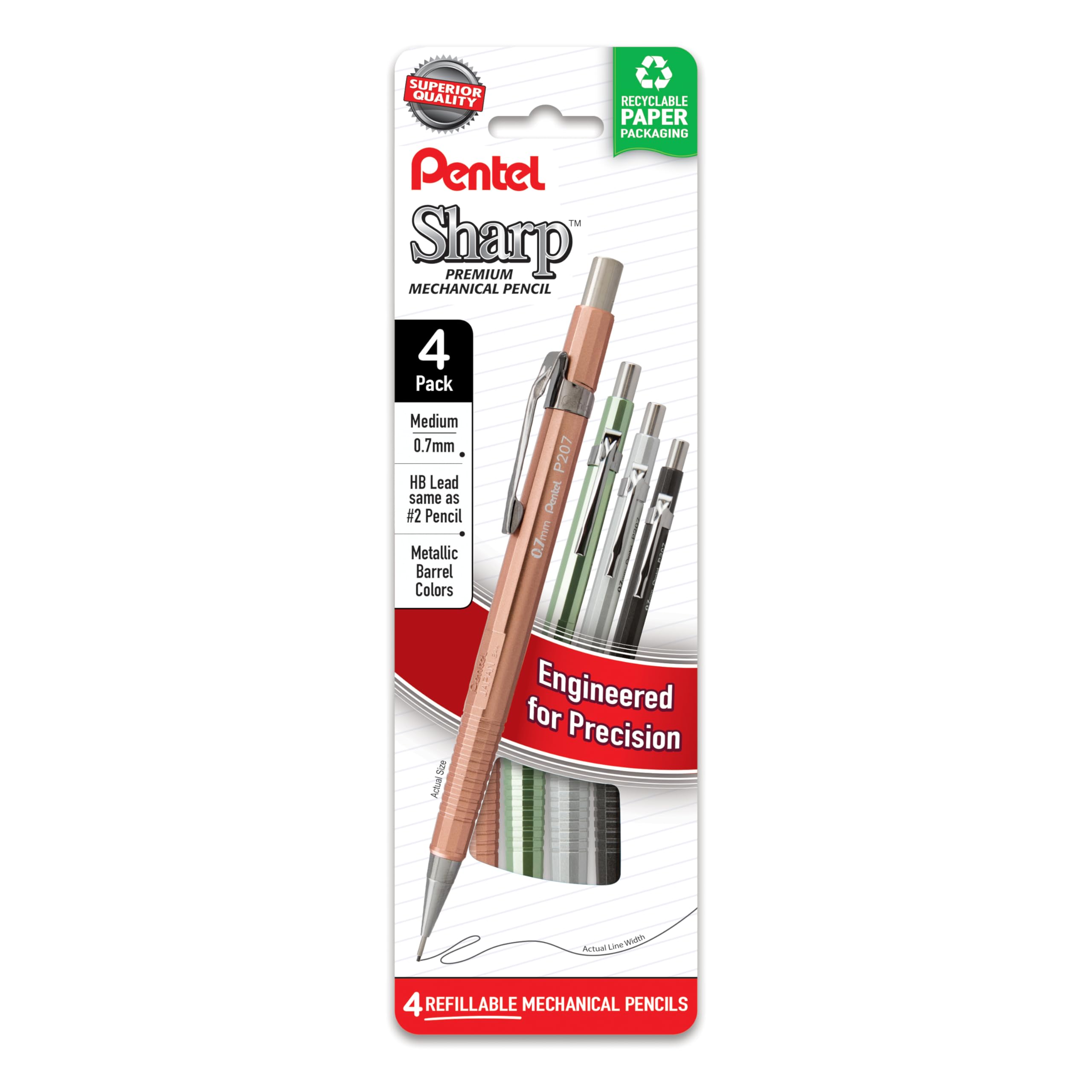 Pentel Sharp Metallic Mechanical Pencil, (0.7Mm), Medium Line, Assorted Colored Barrels, Pack Of 4 (P207Mpf4M)