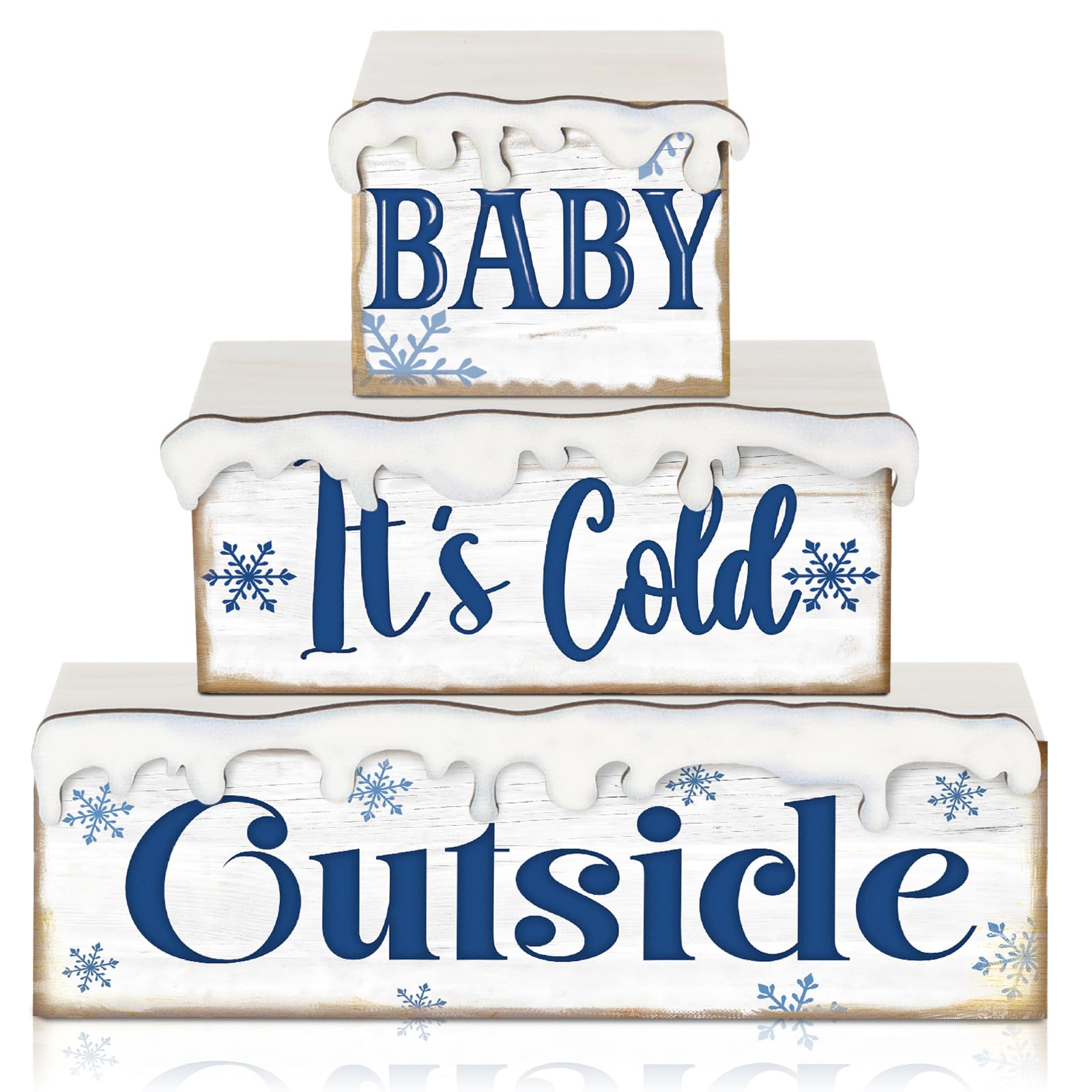 Huquary 3 Pcs Winter Let It Snow Tiered Tray Decor Table Sign Winter Theme Wood Decorations Winter Centerpiece Decor for Party G