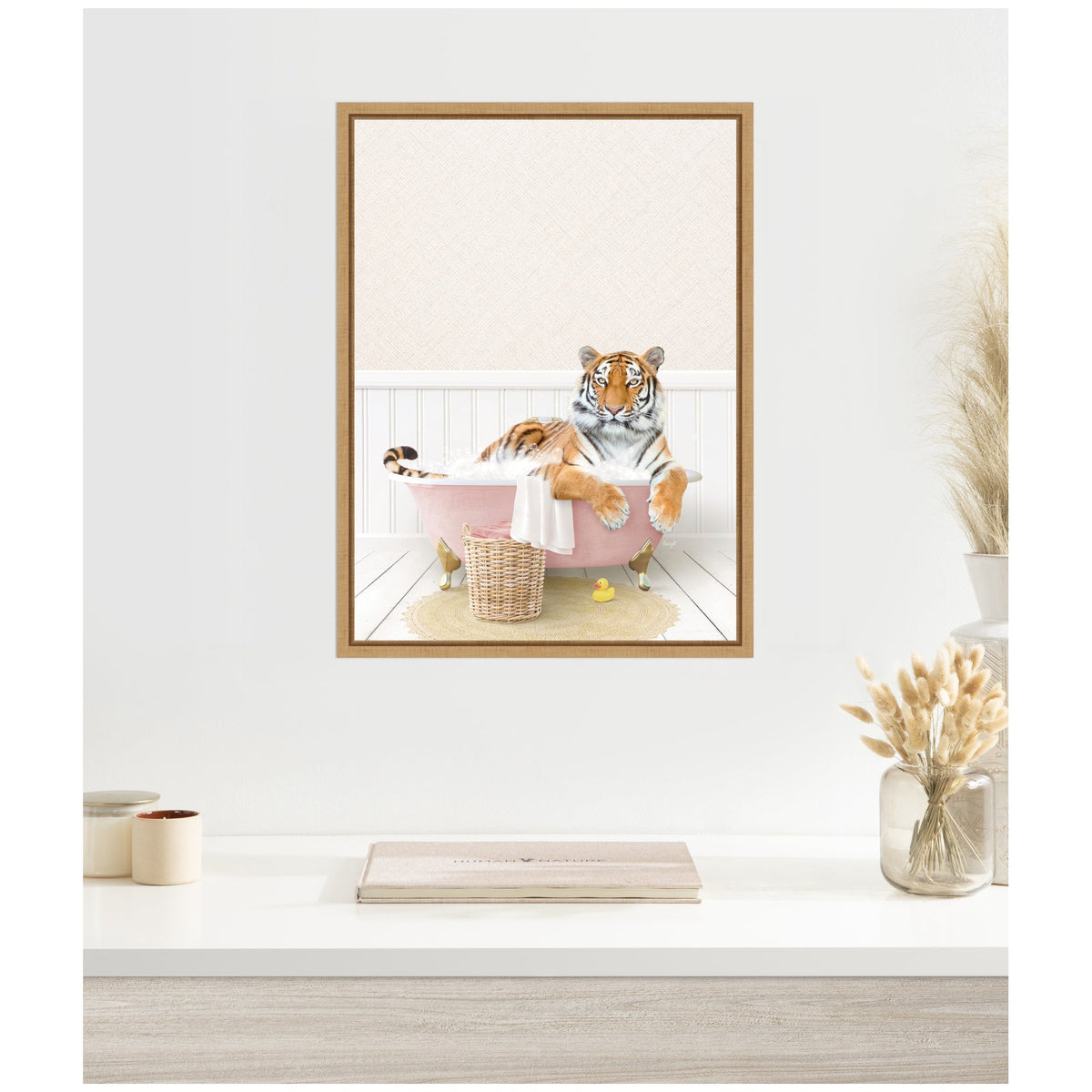 Sylvie Tiger in Cottage Pink Bath Framed Canvas by Amy Peterson