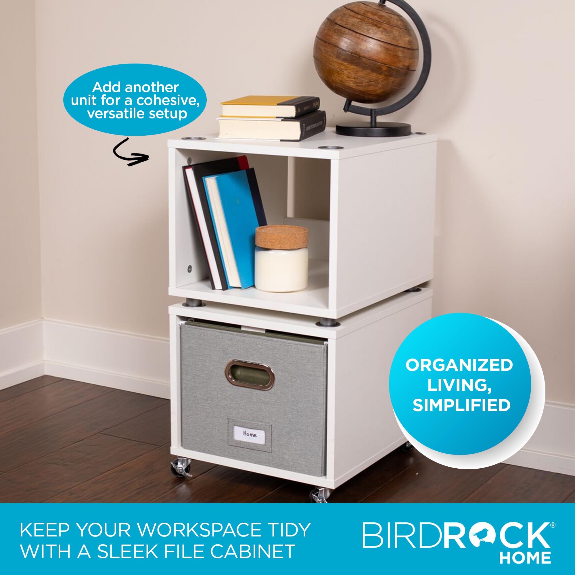 Birdrock Home Rolling File Cabinet – Decorative Storage Shelf W/Removable Bins, Handles, And Wheels – Organize Files, Books, Toys, Under Desk Office Solution, Modern Design - 1 Lateral Drawer, White