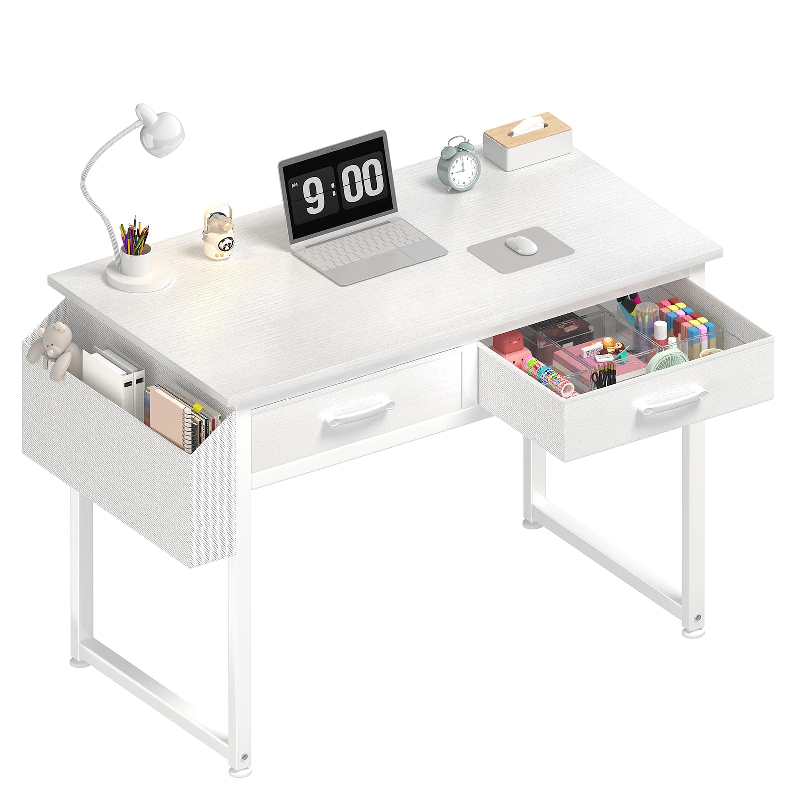 Dlisiting White Small Desk With Fabric Drawers - 32 Inch Vanity Desk With Storage Drawer And Bag For Bedroom, Study Writing Table For Small Spaces, White
