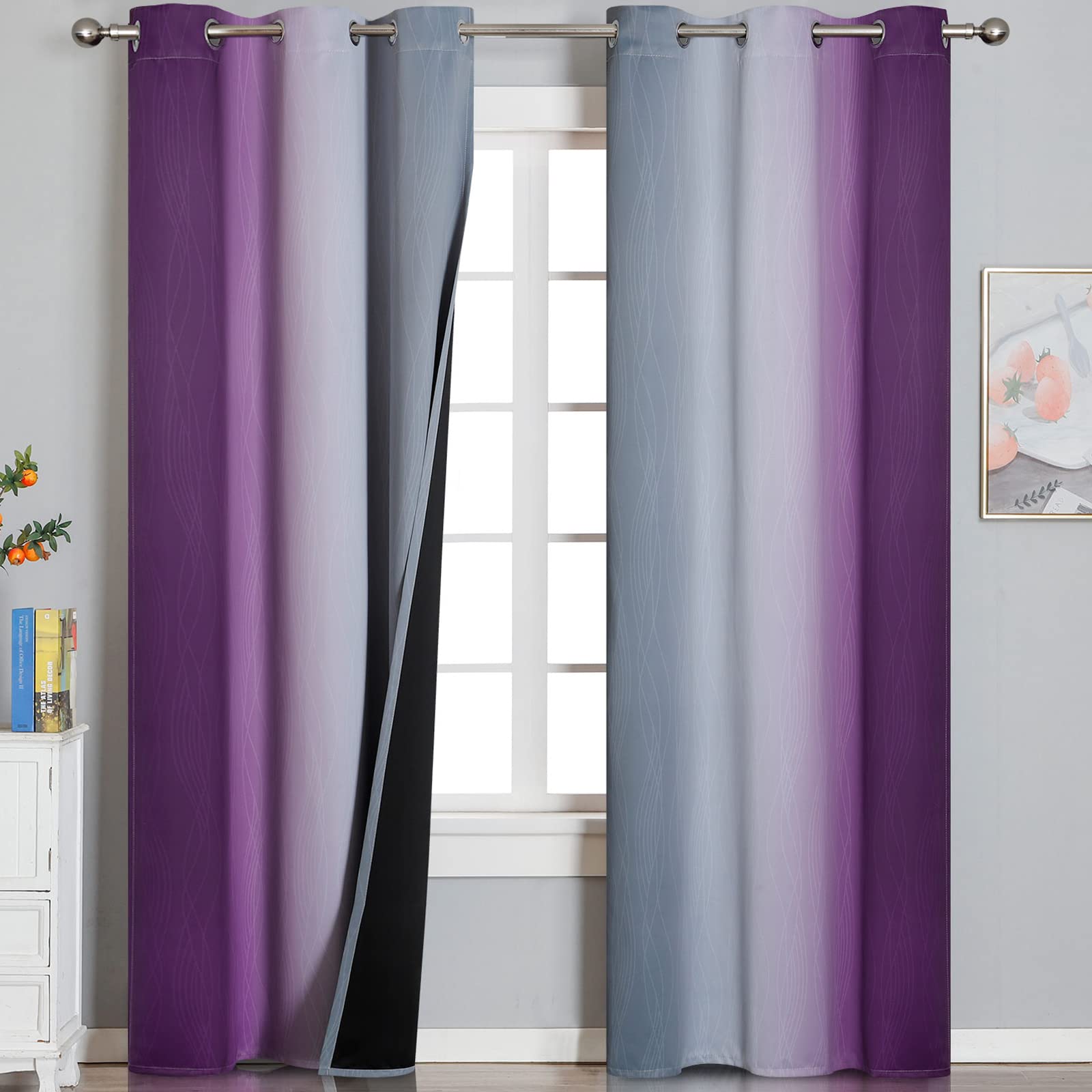 Purple And Grey Blackout Curtains 84 Inches Long,Ombre And Wavy Line Pattern 100% Blackout Curtains For Bedroom,Full Light Block