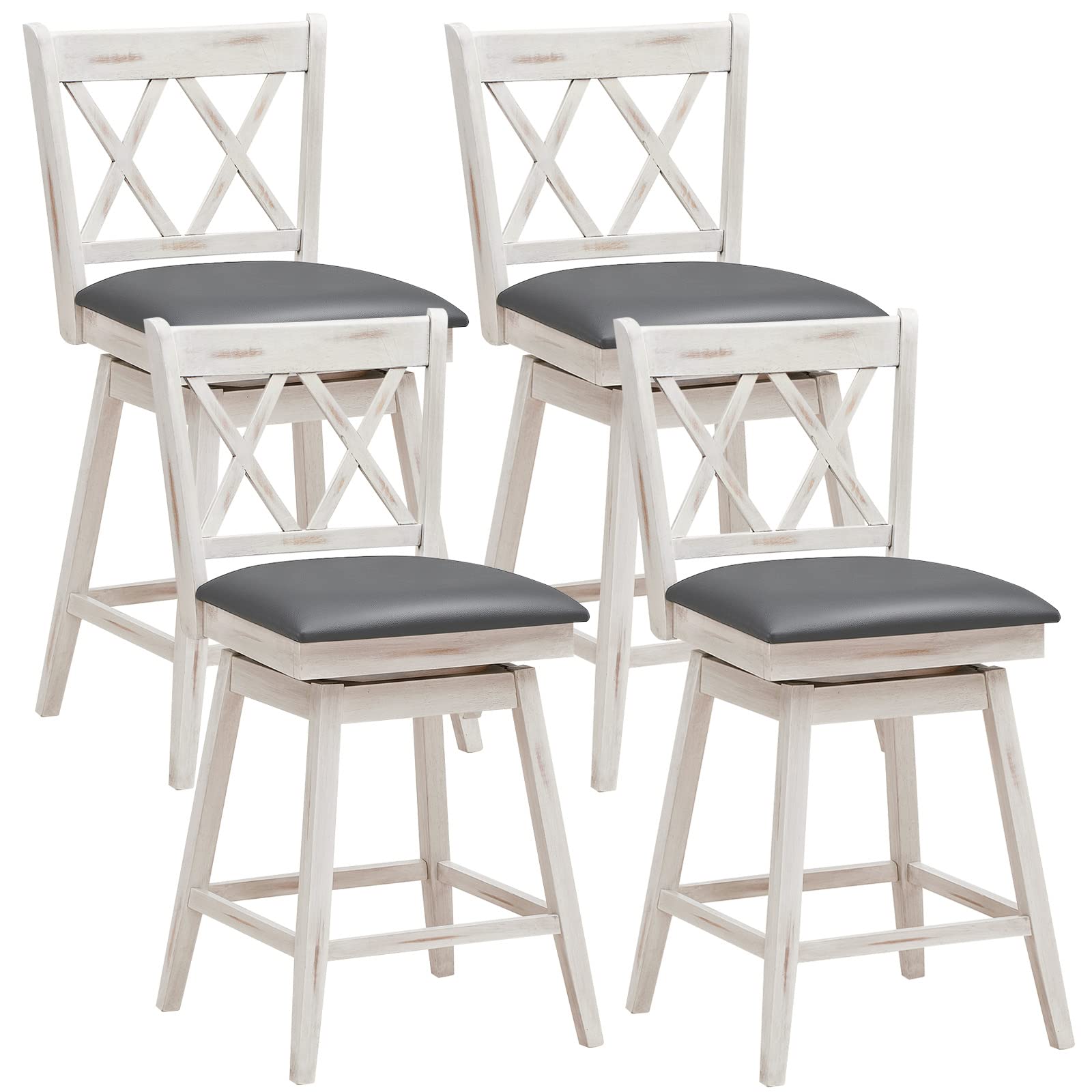 Costway Bar Stool Set Of 4, 360 ° Swivel Counter Height 25Inch Bar Stool With Foot Rest Upholstered Cushion & Ergonomic Backrest, Sturdy Frame, For Pub, Restaurant, Home (4, Antique White + Grey)