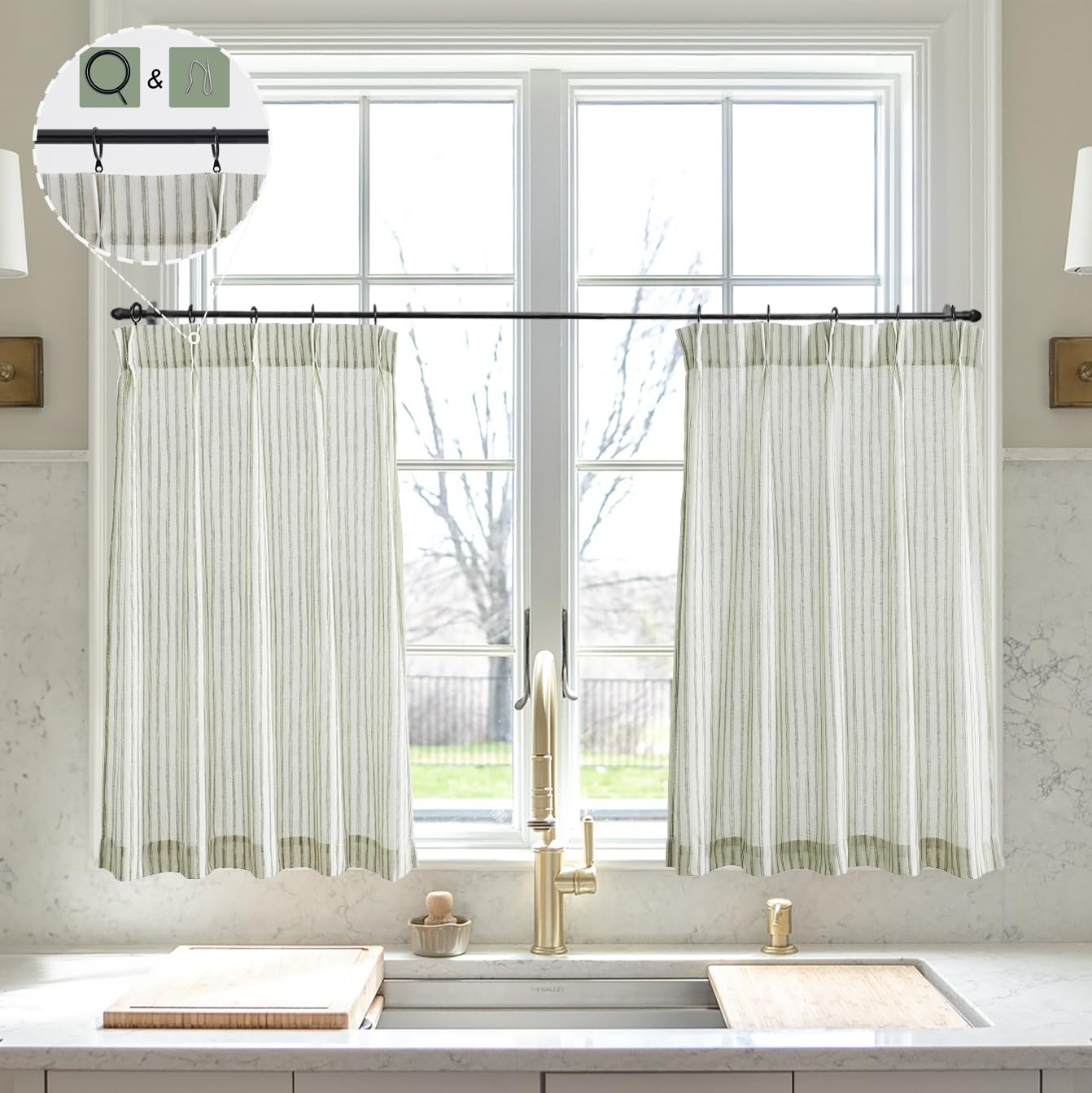 LIMON HOME Sage Green Kitchen Curtains for Half Window,24 inch Length Striped Pinch Pleat Cafe Curtain,Bathroom Window Curtains 