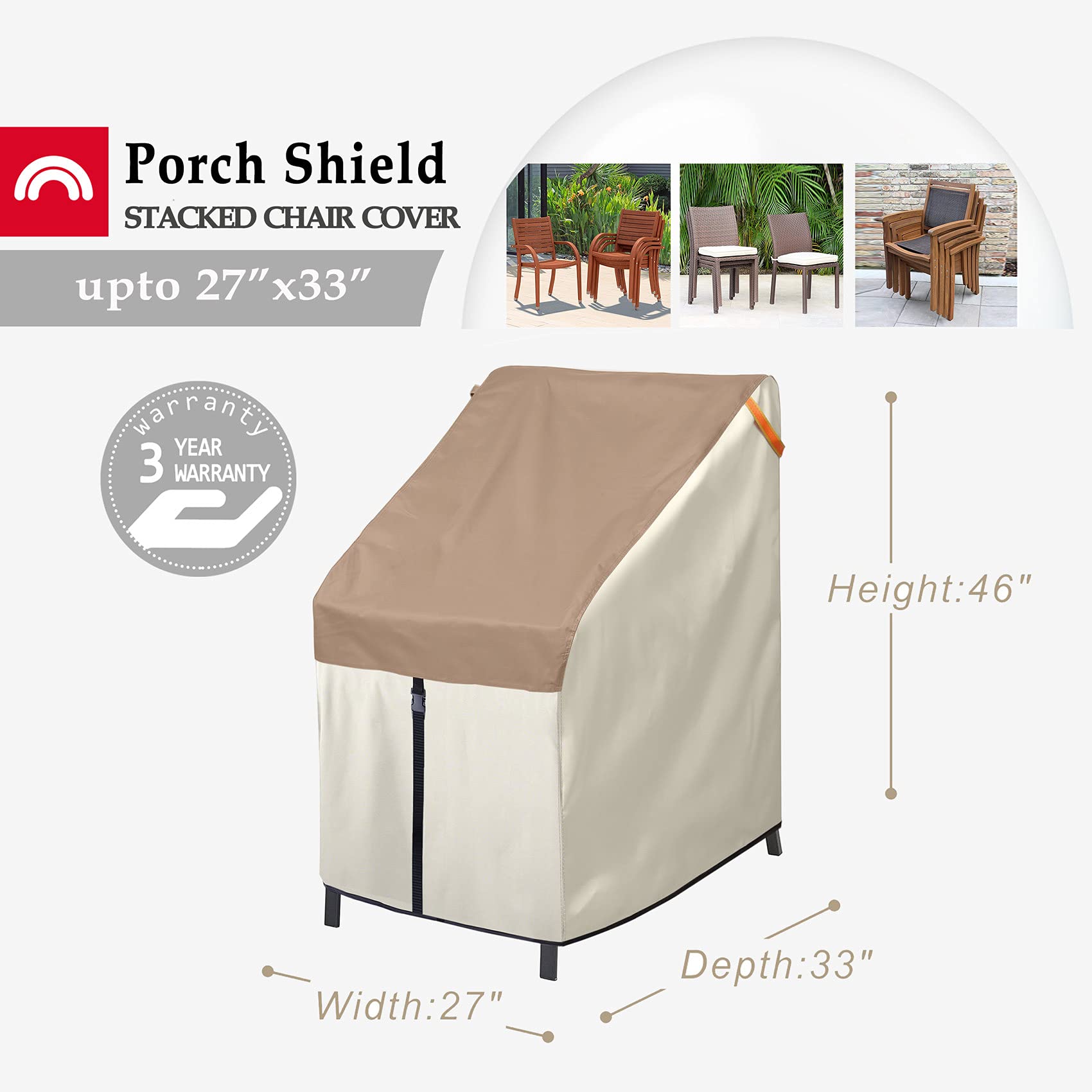 Porch Shield Patio Stackable Chair Covers - Waterproof Outdoor Stack Of Chair Cover - 27W X 33D X 46H Inch, Light Tan & Khaki