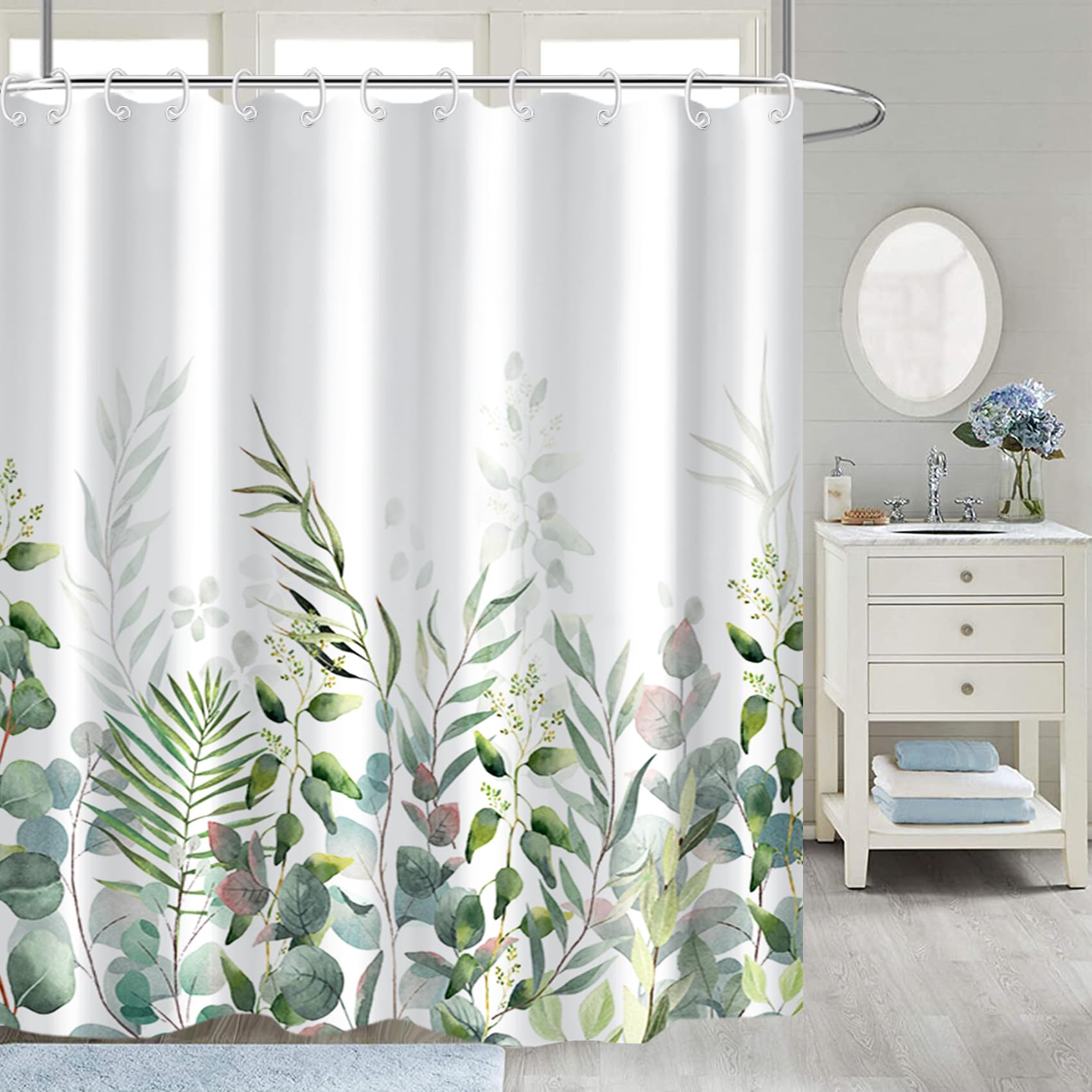 Awert Shower Curtain Plants For Bathroom,Waterproof Quick-Drying Green Leaves Shower Curtain Set With Hooks 72X78 Inch