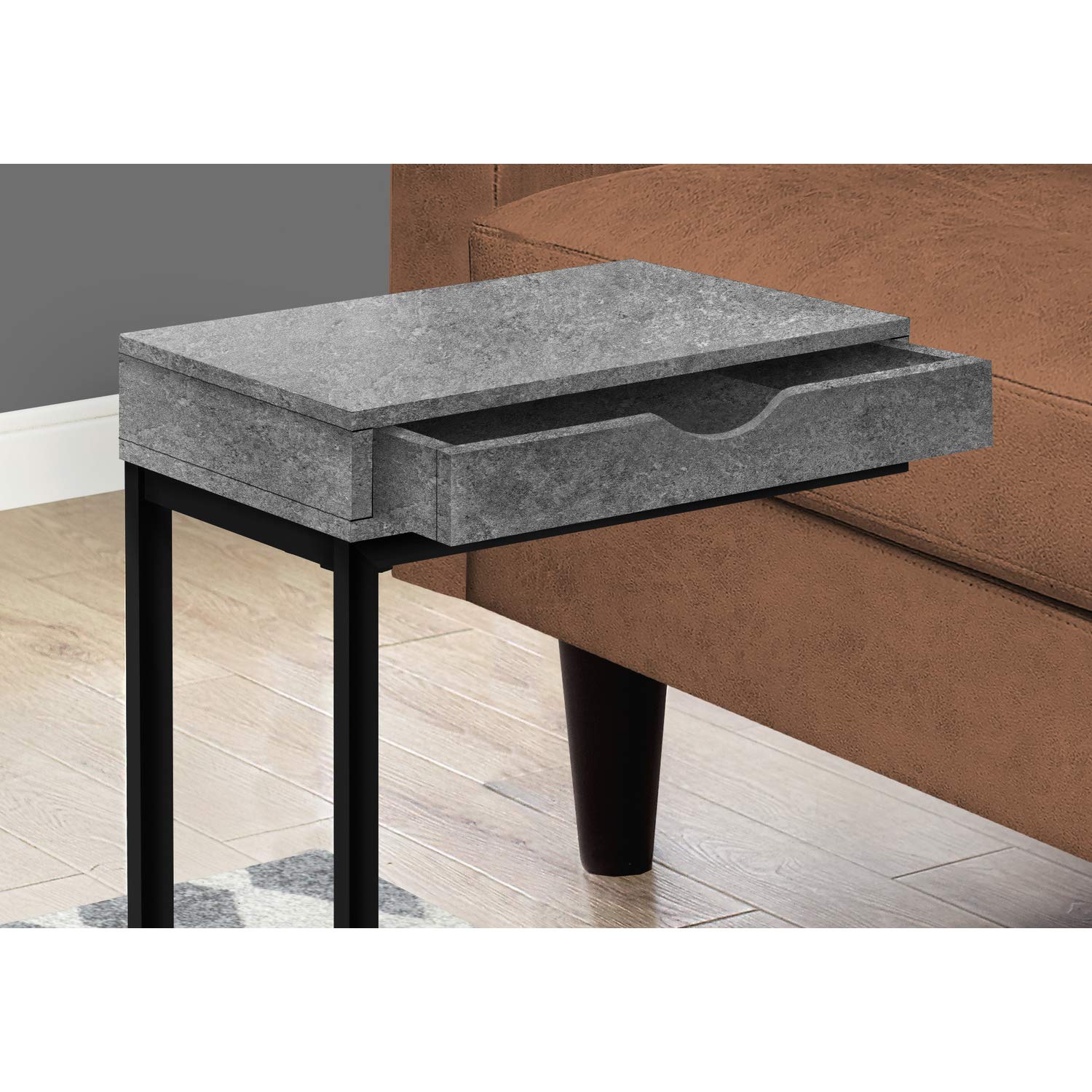 Monarch Specialties 3603, C-Shaped, End, Side, Snack, Storage Drawer, Living Room, Bedroom, Laminate, Contemporary, Modern Accent Table-Grey Stone-Look/Black Metal, 16&quot; L X 10.25&quot; W X 24.5&quot; H