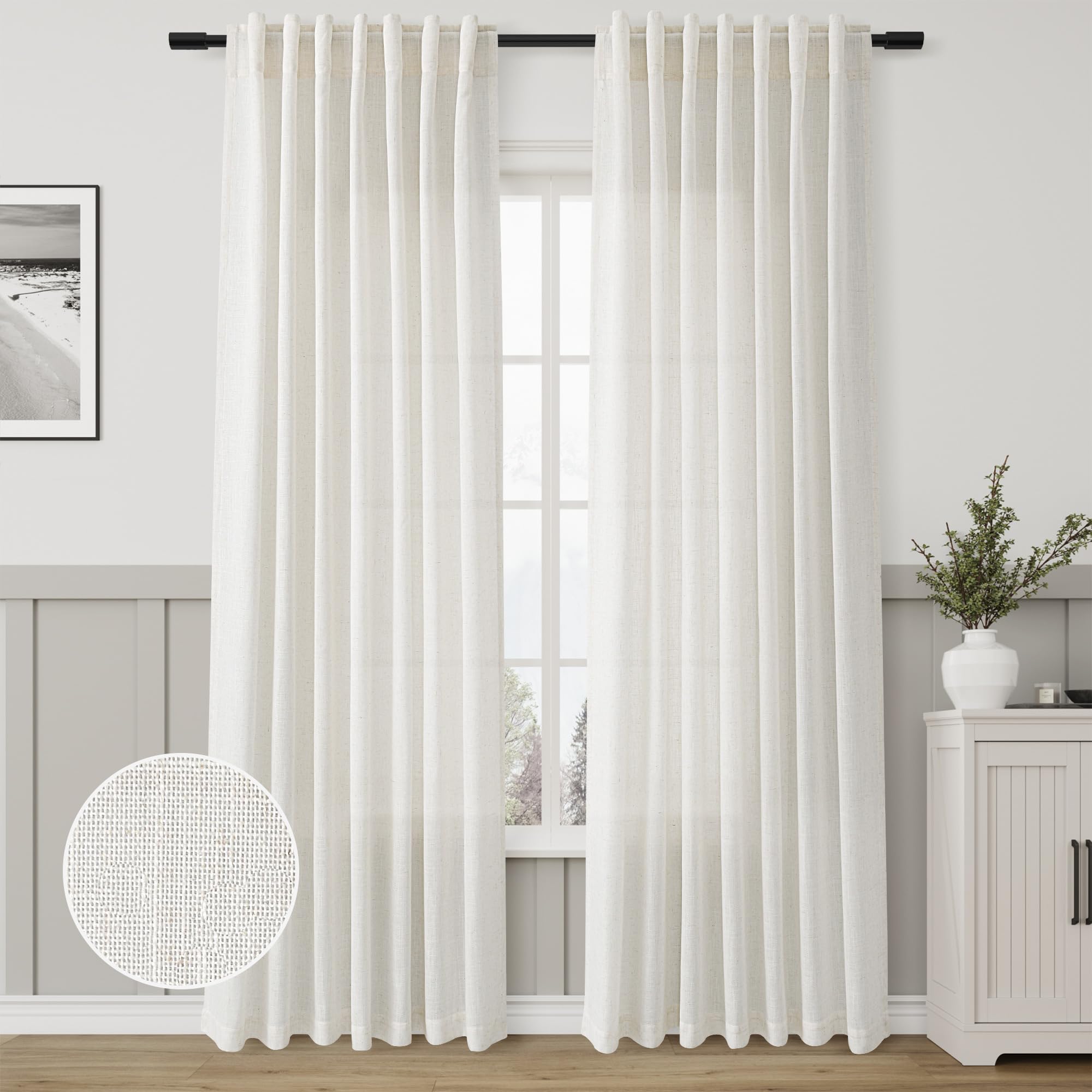 Natural Linen Curtains 84 Inch Length 2 Panels Cream White Pleated Linen Drapes for Living Room Semi Sheer Light Filtering Moder