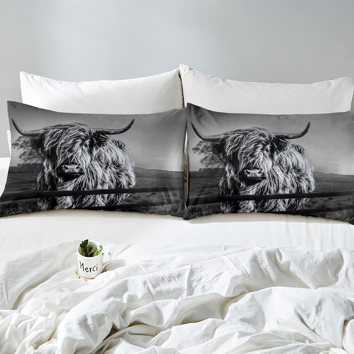 Highland Cow Bedding Set Twin Size Grey Bull Cattle Comforter Set Funny Farmhouse Wildlife Animal Duvet Set For Kids Boys Girls