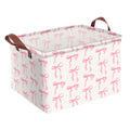 Pink Bow Storage Basket Waterproof Canvas Toy Storage Bin Coquette Room Decor Collapsible Outdoor Basket with Leather Handles Pi