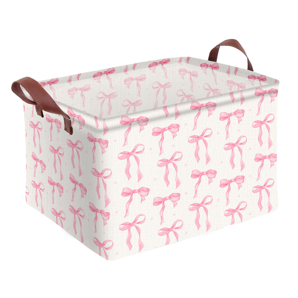 Pink Bow Storage Basket Waterproof Canvas Toy Storage Bin Coquette Room Decor Collapsible Outdoor Basket with Leather Handles Pi