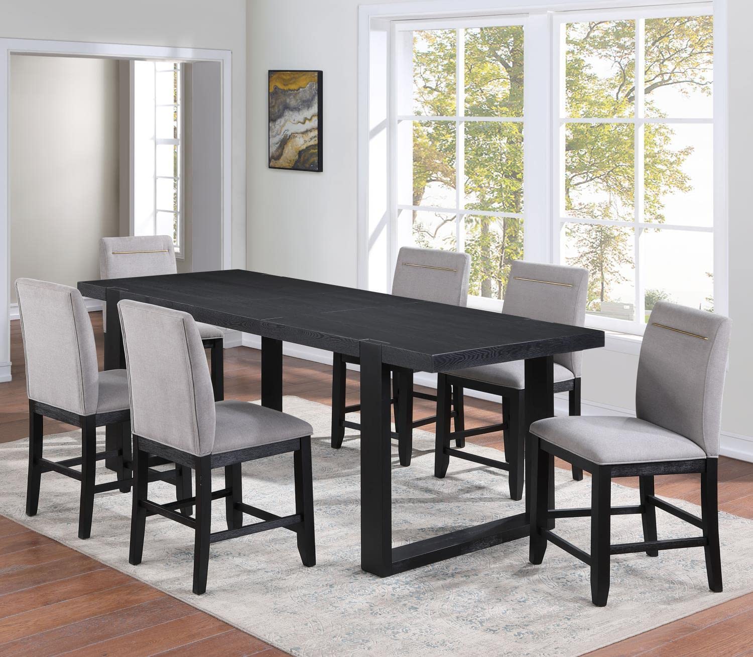 Steve Silver Furniture Yves 7pc Counter Table Dining Set, 77-95&quot; Table w 18&quot; Leaf, 6 Yves Counter Chairs, Contemporary Design, Dining Room, Double-Pedestal Sled Base, 77&quot;L x 40&quot;W x 36&quot;H, Black, Gray