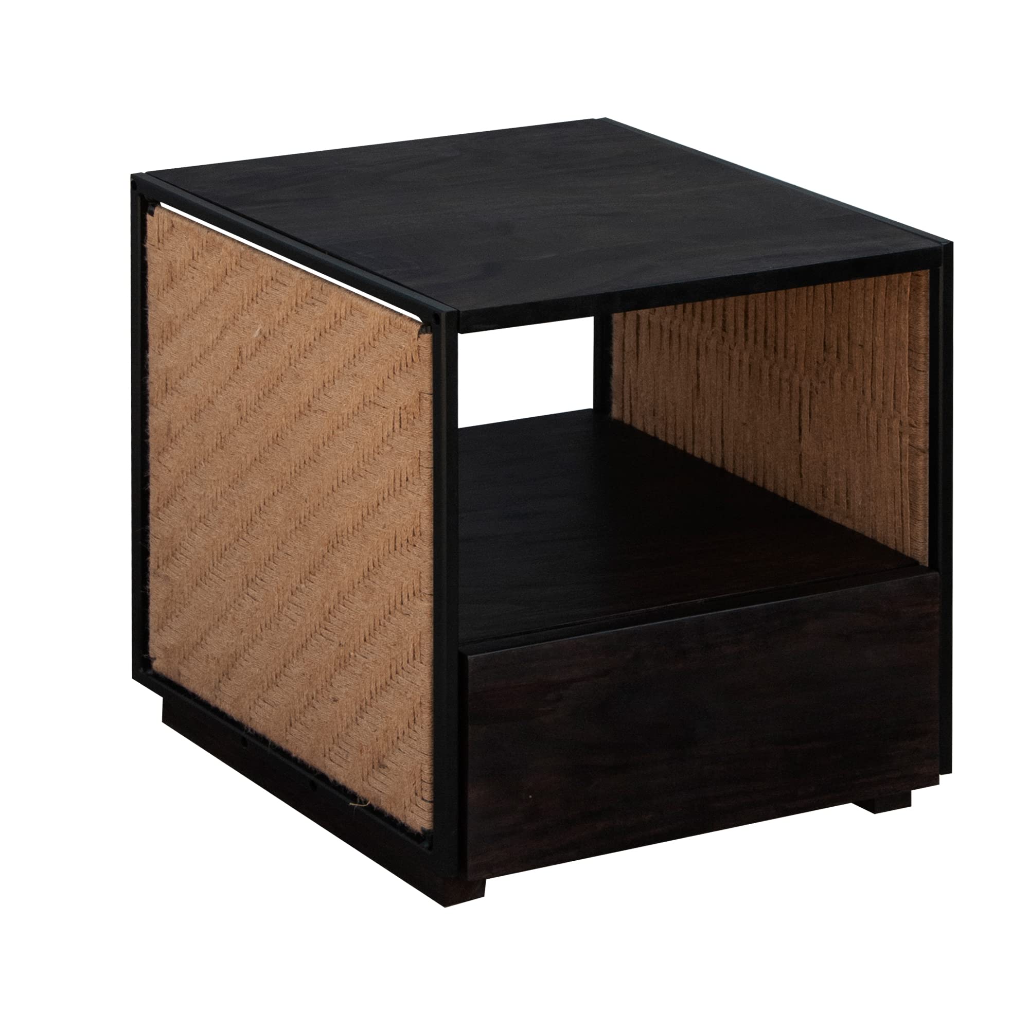 The Urban Port Single Drawer Solid Wood Nightstand with Open Storage and Jute Woven Side Panels