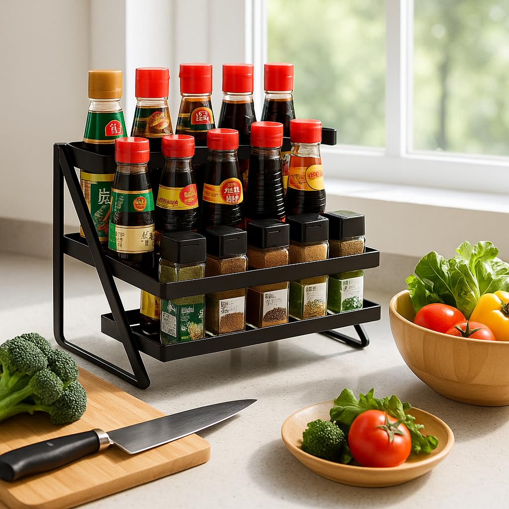 Woodilla Iron Bottle Rack | Countertop 2 Tier Rasoi Spice Rack| Modular Kitchen Storage Rack | Kitchen Organizer Multipurpose St