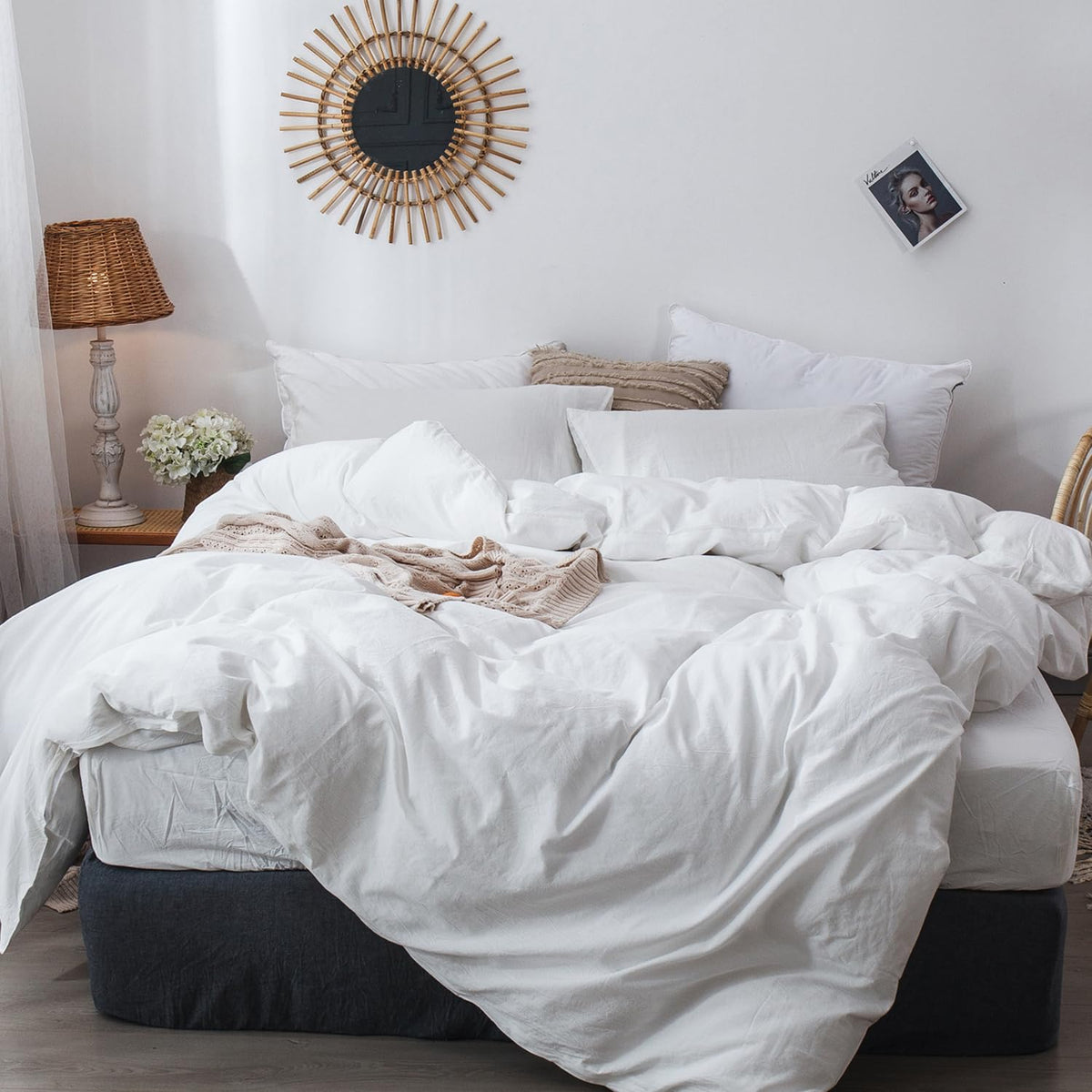 Moomee Bedding Duvet Cover Set 100% Washed Cotton Linen Like Textured Breathable Durable Soft Comfy (Off White, Super Queen)