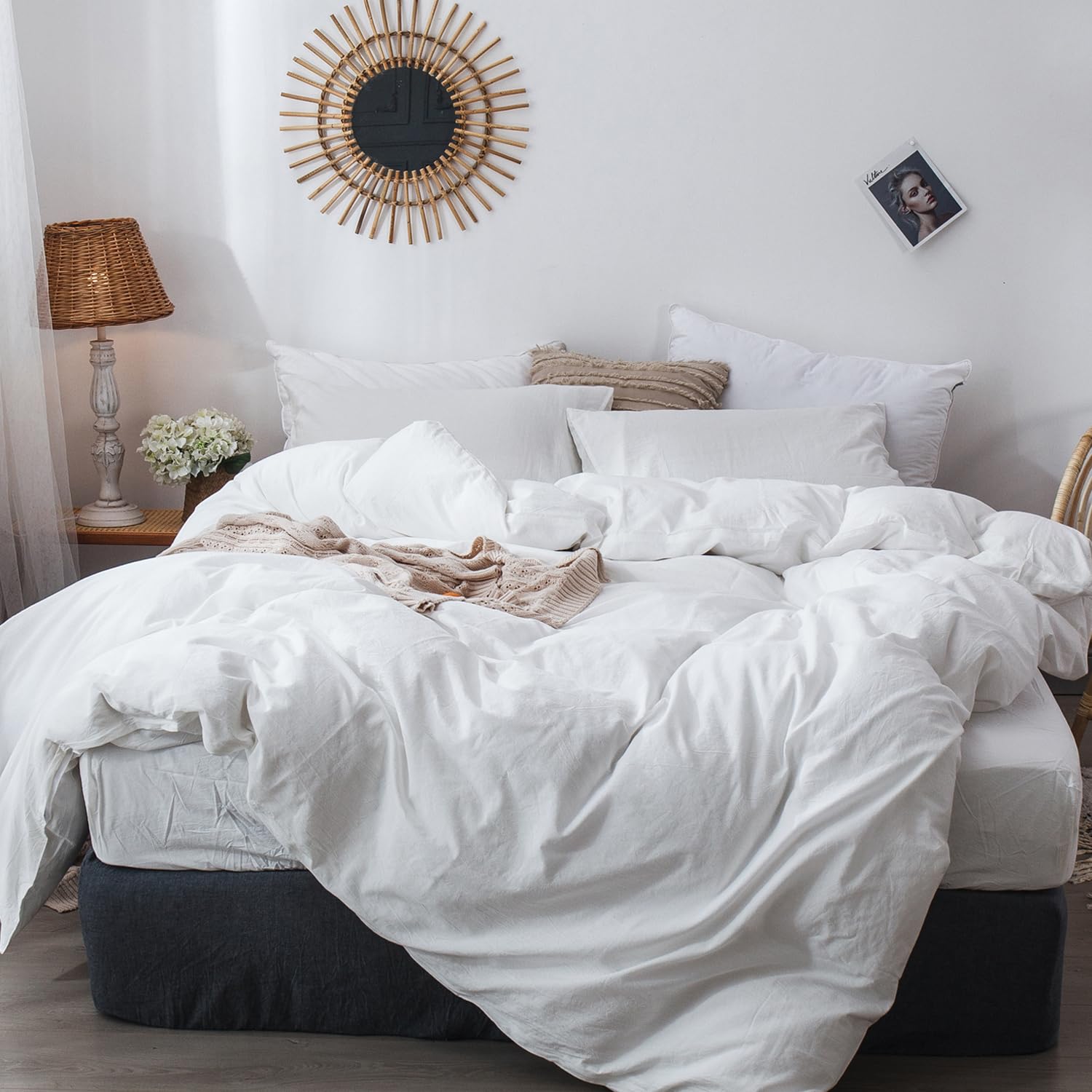 Moomee Bedding Duvet Cover Set 100% Washed Cotton Linen Like Textured Breathable Durable Soft Comfy (Off White, Super Queen)