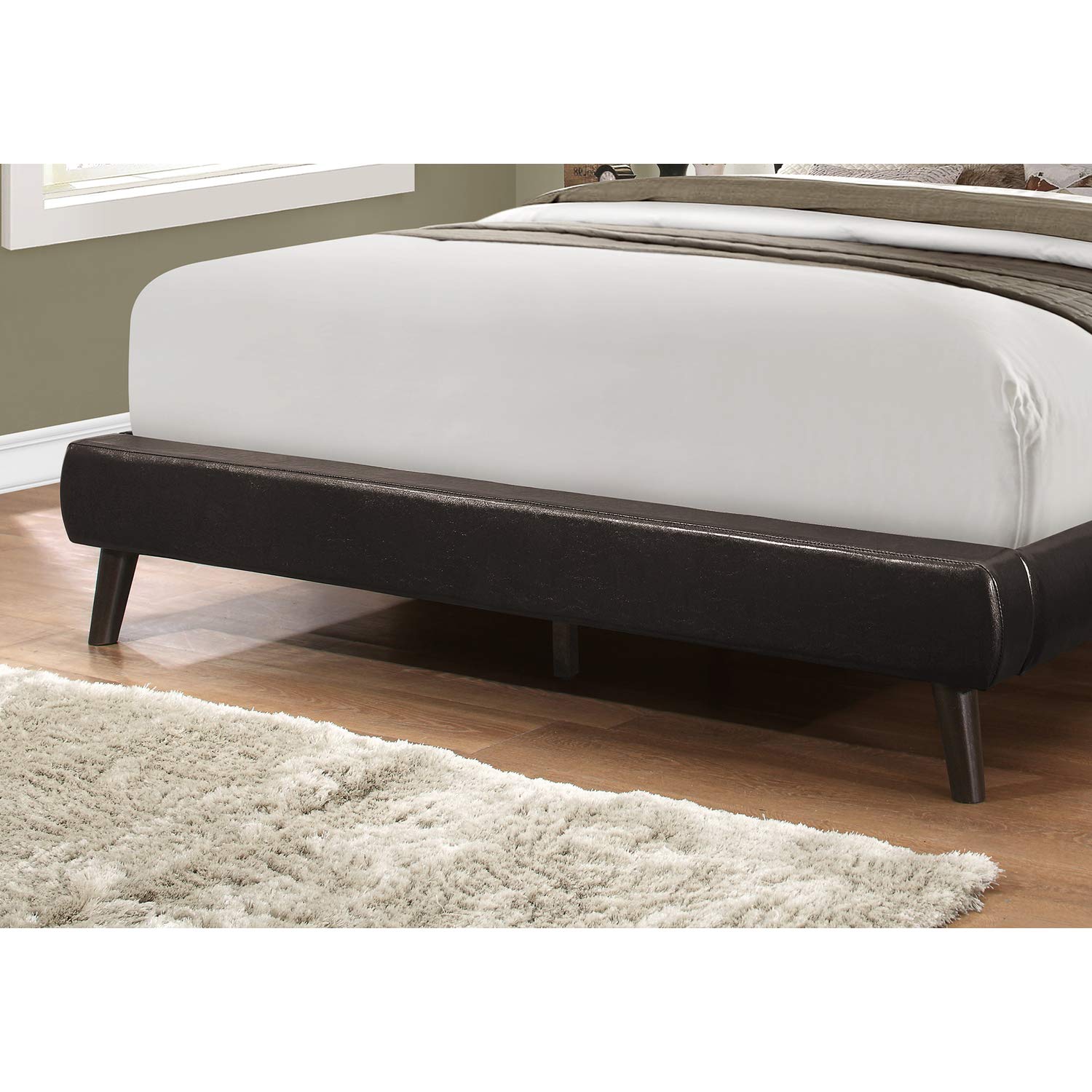 Monarch Specialties Queen Size/Brown Leather-Look with Wood Legs Bed