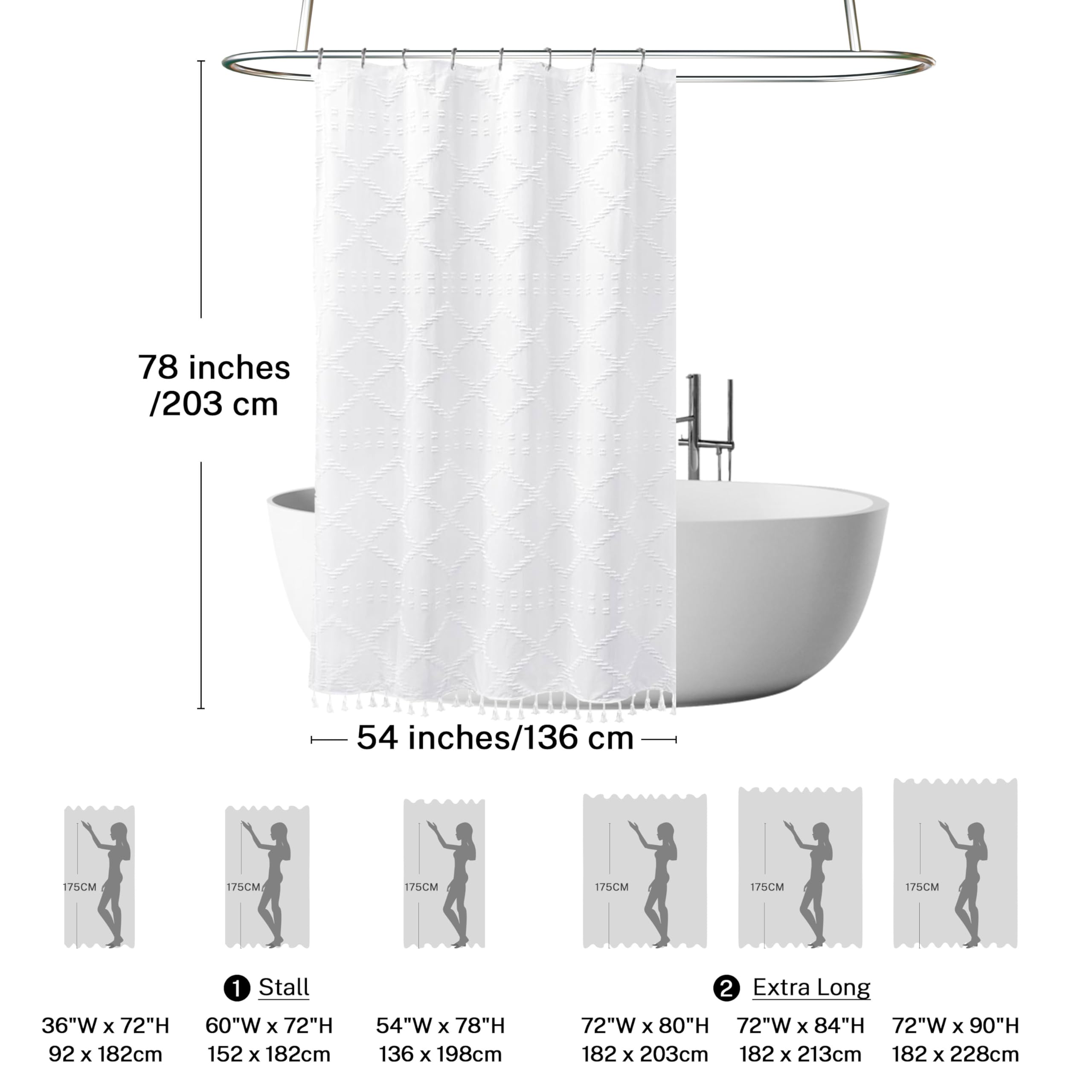 Extra Long Boho White Woven Fabric Shower Curtain With Tassels 54 X 78 Modern Farmhouse Minimalist, Tufted Chevron Striped Shabb