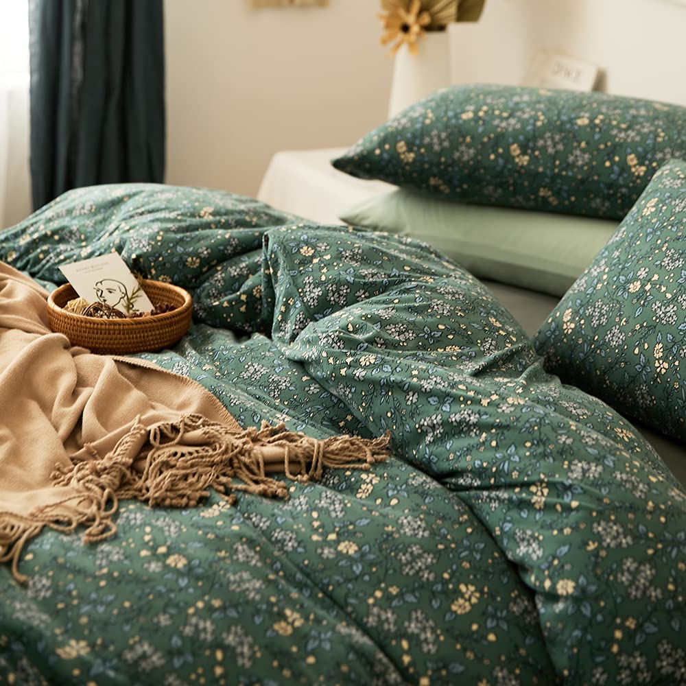 Lifetb Green Floral Duvet Cover Jersey Knit Cotton Duvet Cover King Size Vintage Flower Botanical Bedding Set Soft T Shirt Cotto