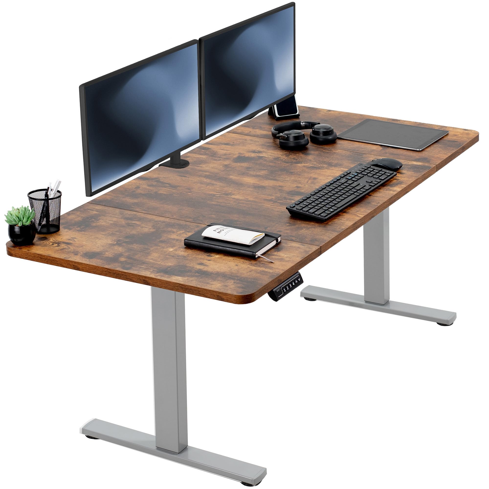 VIVO Electric 60 x 30 in Rustic Standing Desk, Memory Height Adjustment, 1B Series, Holds 220 lbs, Vintage Brown Top Gray Frame,