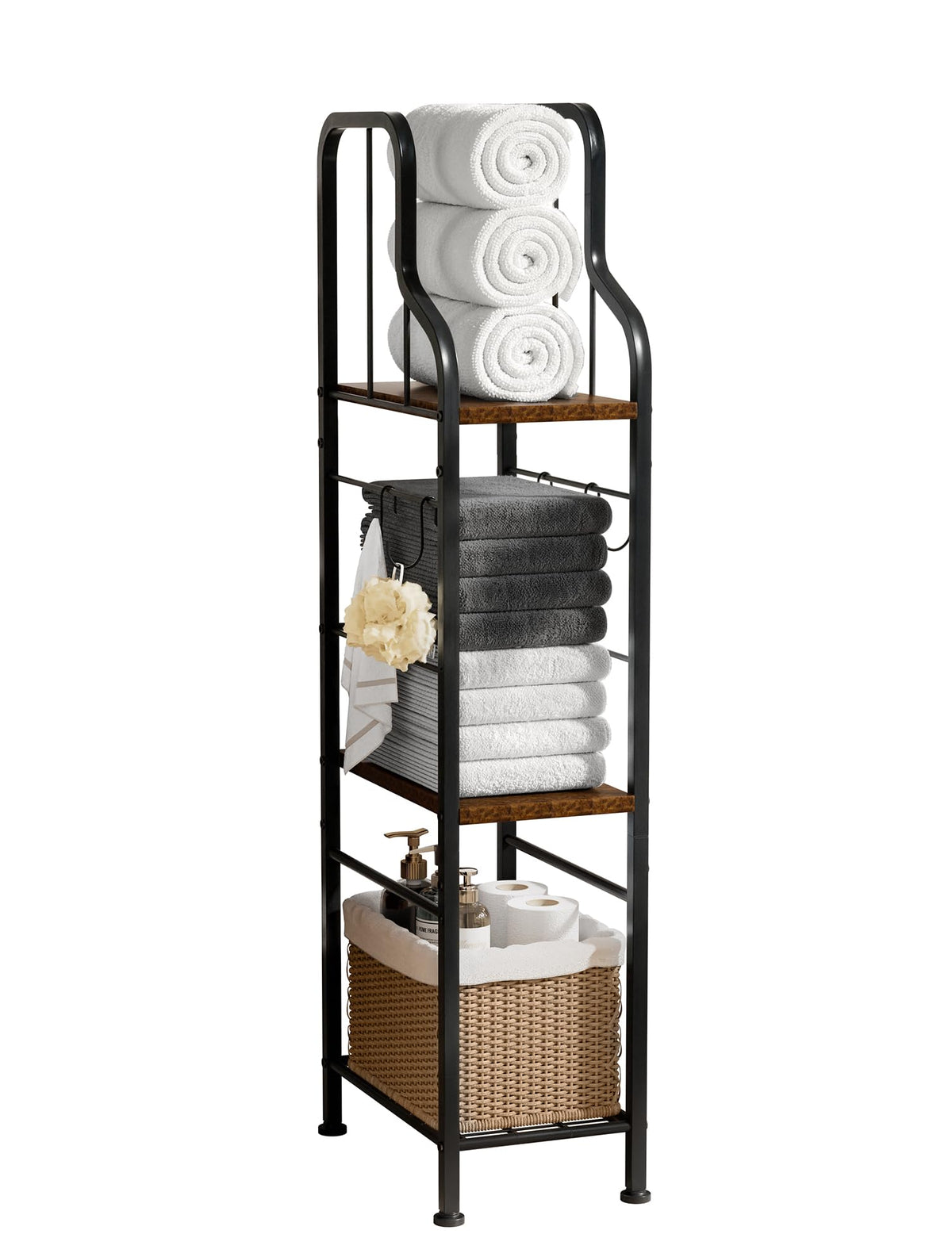 SWTYMIKI Narrow Towel Storage for Bathroom  3Tier Towel Rack Organizer with Wood Shelves, Freestanding Bathroom Rack, 60 lb Ca