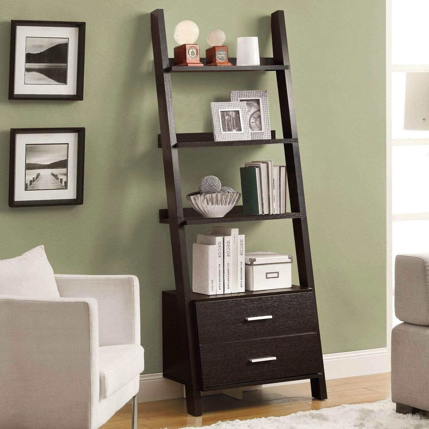 Monarch Specialties , Bookcase, Ladder with 2-Storage Drawers, Cappuccino, 69&quot;H