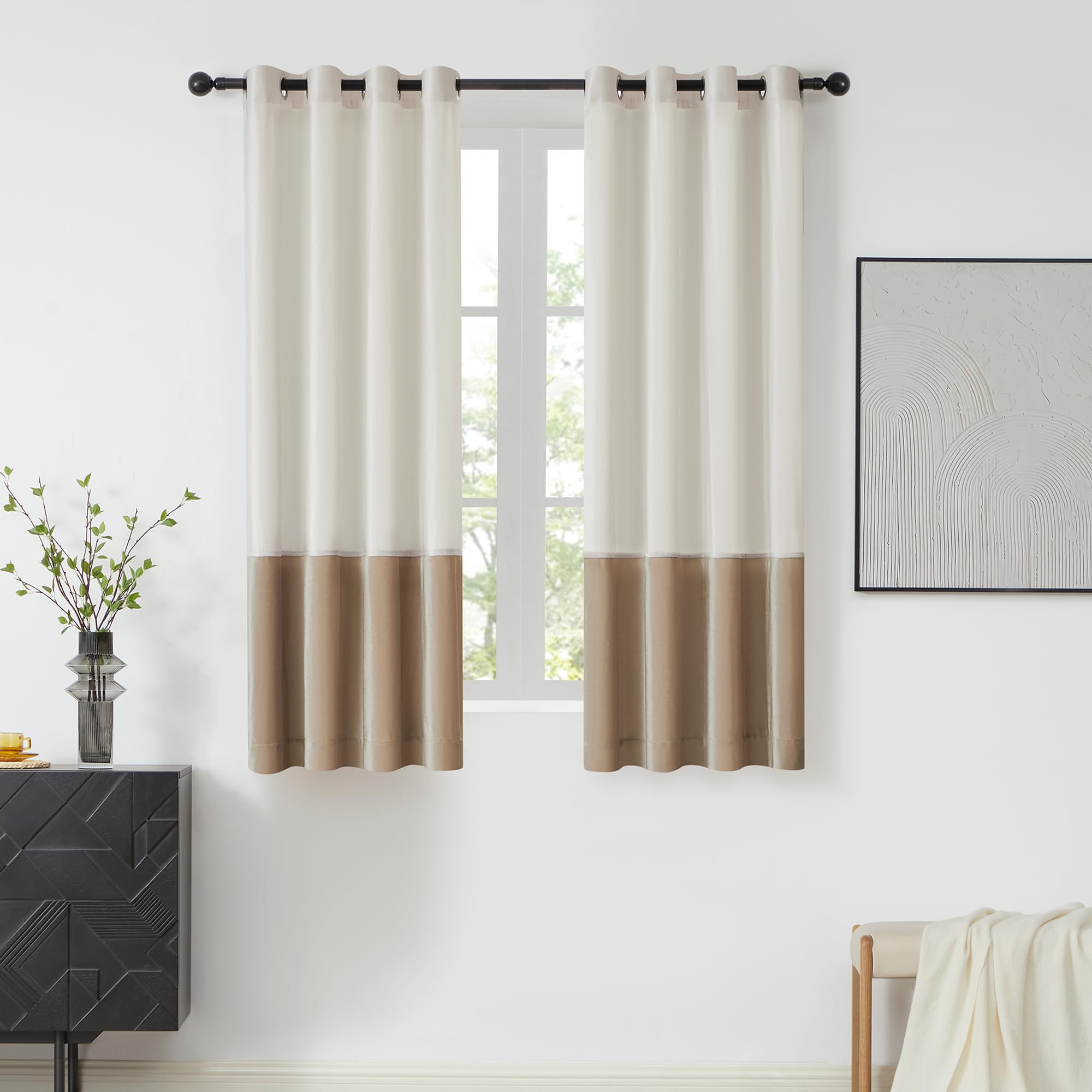 Bulbul Color Block Window Curtains Panels 63 Inches Long Cream Ivory Champagne Velvet Farmhouse Drapes For Bedroom Living Room D