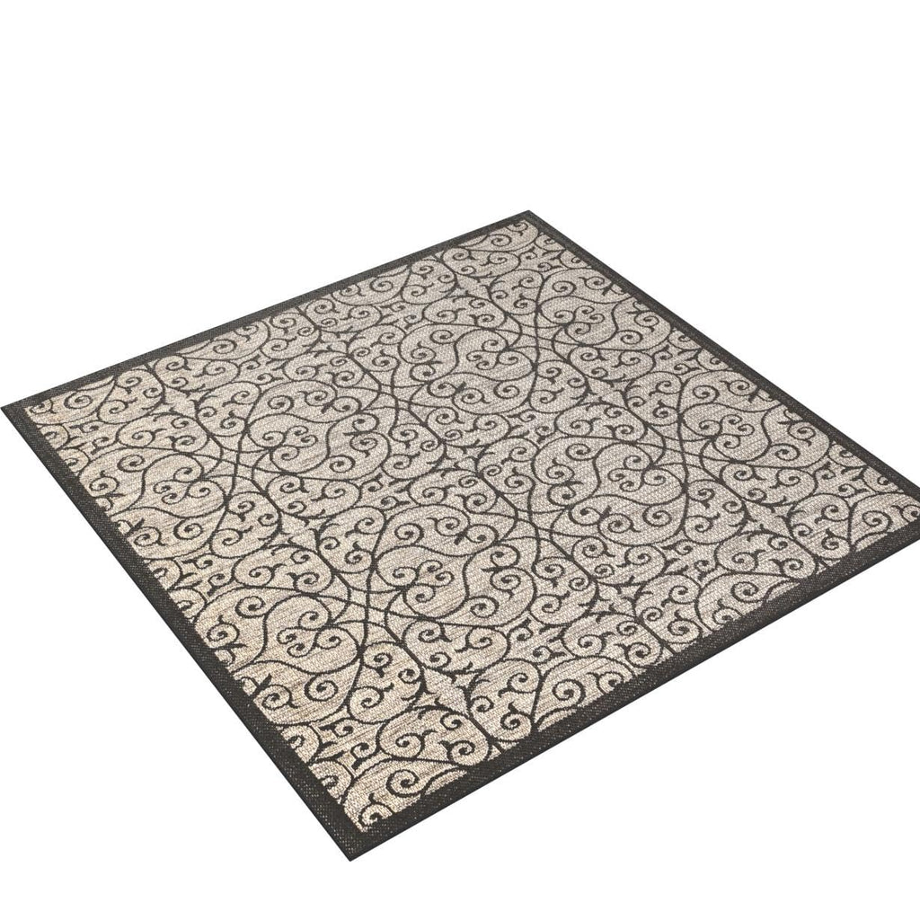 Jonathan Y Smb107A-6Sq Madrid Vintage Filigree Textured Weave Indoor Outdoor Area Rug Classic Coastal Easy Cleaning Bedroom Kitchen Backyard Patio Non Shedding, 6' Square, Black/Khaki