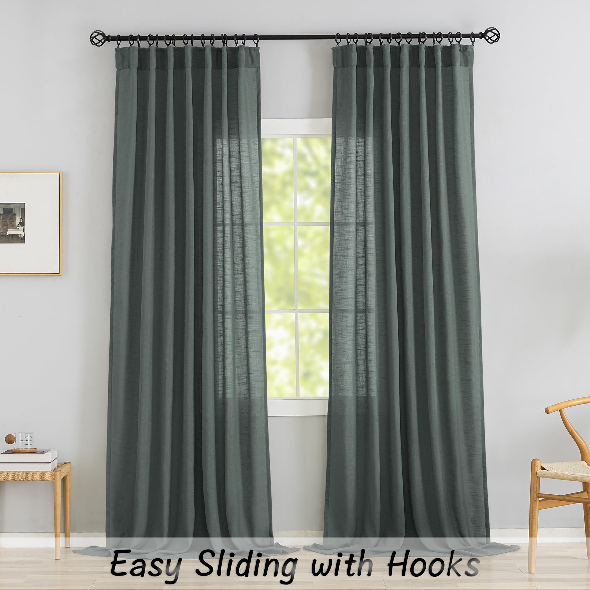 Natural Linen Textured Curtains For Kids' Bedroom 63 Inch Length - Charcoal Grey 2 Panels Back Tab Hooks Belt Pleated Rod Pocket Light Filtering Semi Sheer Curtain Drapes For Bathroom Window,52' X 63'