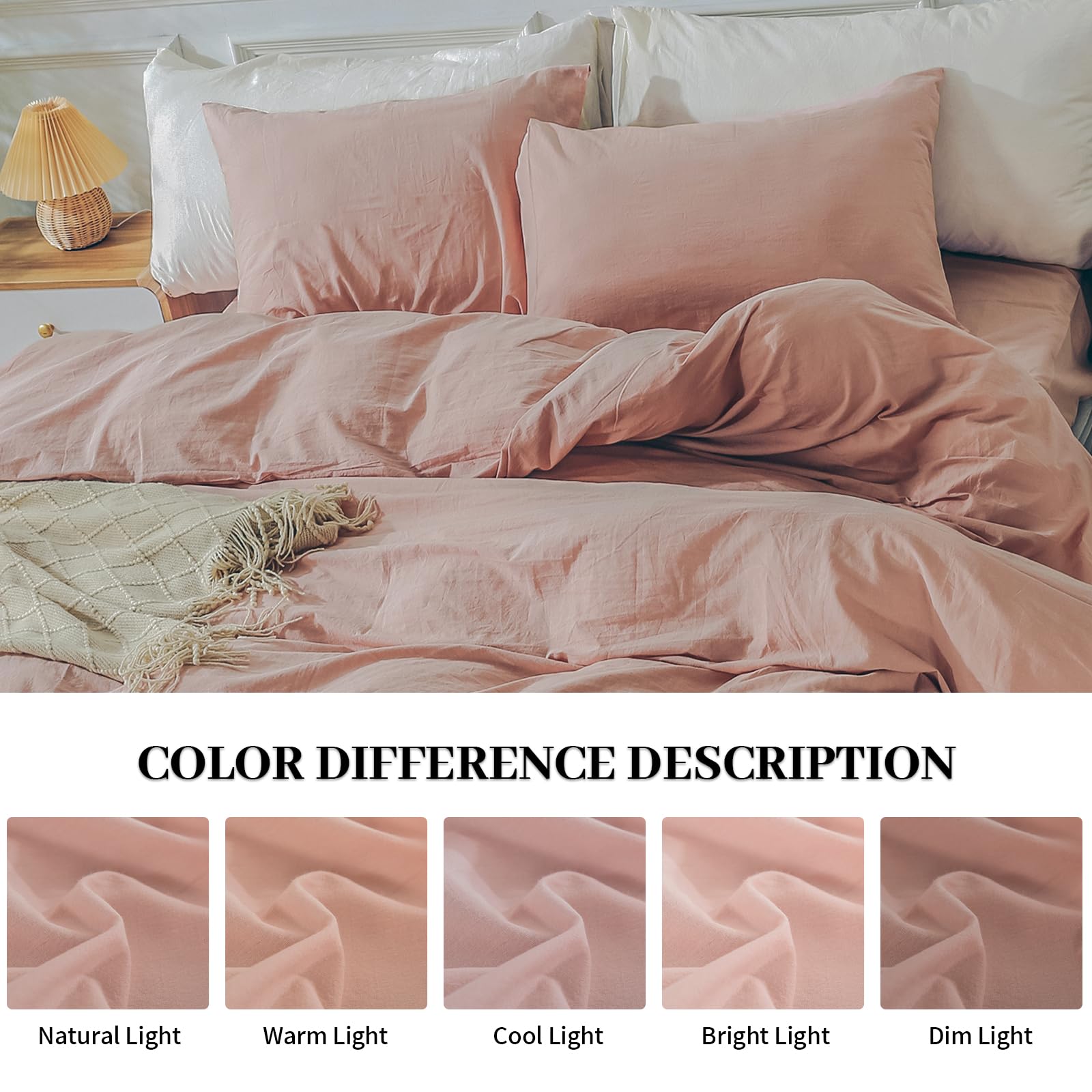 Nexhome Pro Duvet Cover Set 100% Washed Cotton Oversized King 120'X98' Linen Feel Textured Organic Natural 3 Pieces Bedding Set With Zipper Closure And Corner Ties, Breathable (Pink, No Comforter)