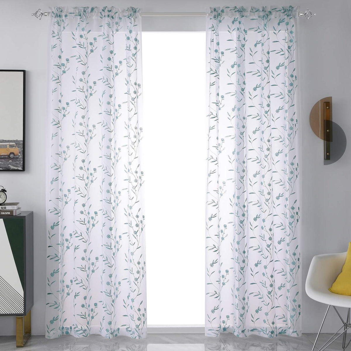 Embroidery Sheer Curtains Blue 95 Inches, Floral Pattern Window Treatments Rod Pocket Drapes For Living Room, Bedroom, Semi Voil