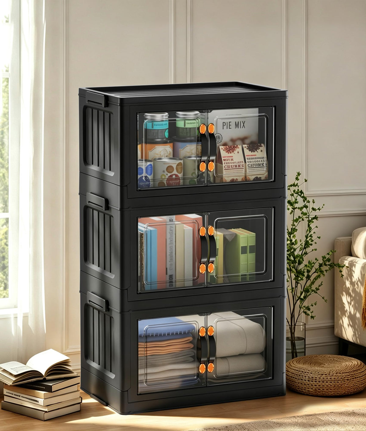 Hanyi 105 QT 3Tier Stackable Storage Bins with Lids, Black, Clear Doors